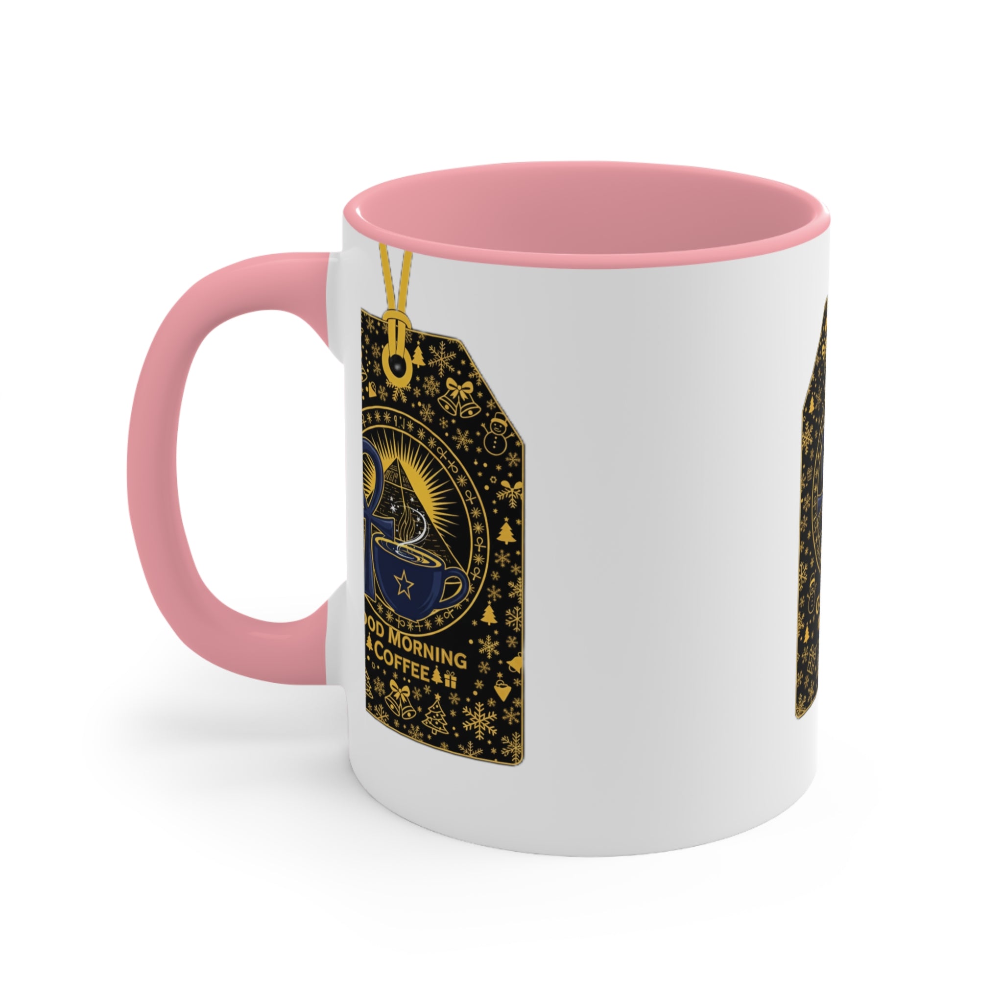 Good Morning Coffee Accent Mug — Pink Interior Ceramic Coffee Mug with Gold Tarot Tag Design