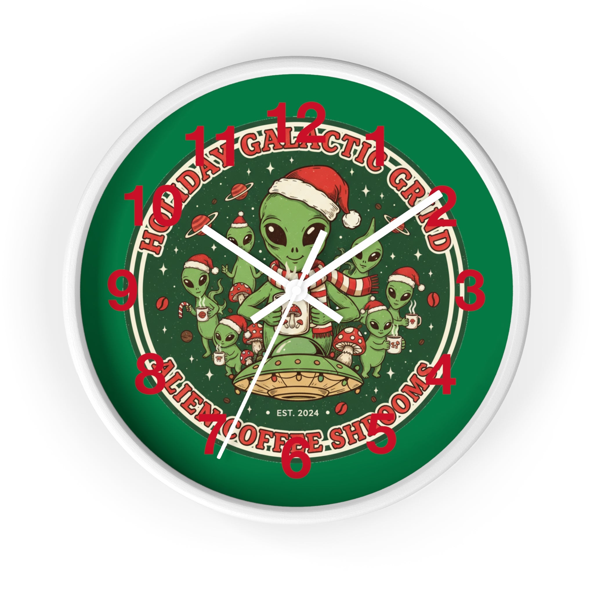 Holiday Galactic Grind Wall Clock — Alien Coffee Shop Christmas Design🎁☕️