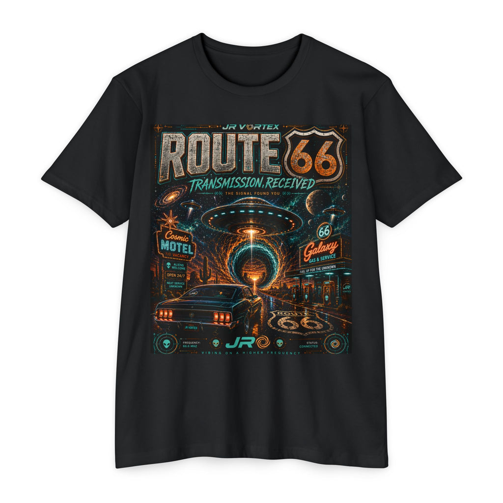 Route 66 Transmission Received Tee – JR Vortex Cosmic Signal Graphic T-Shirt