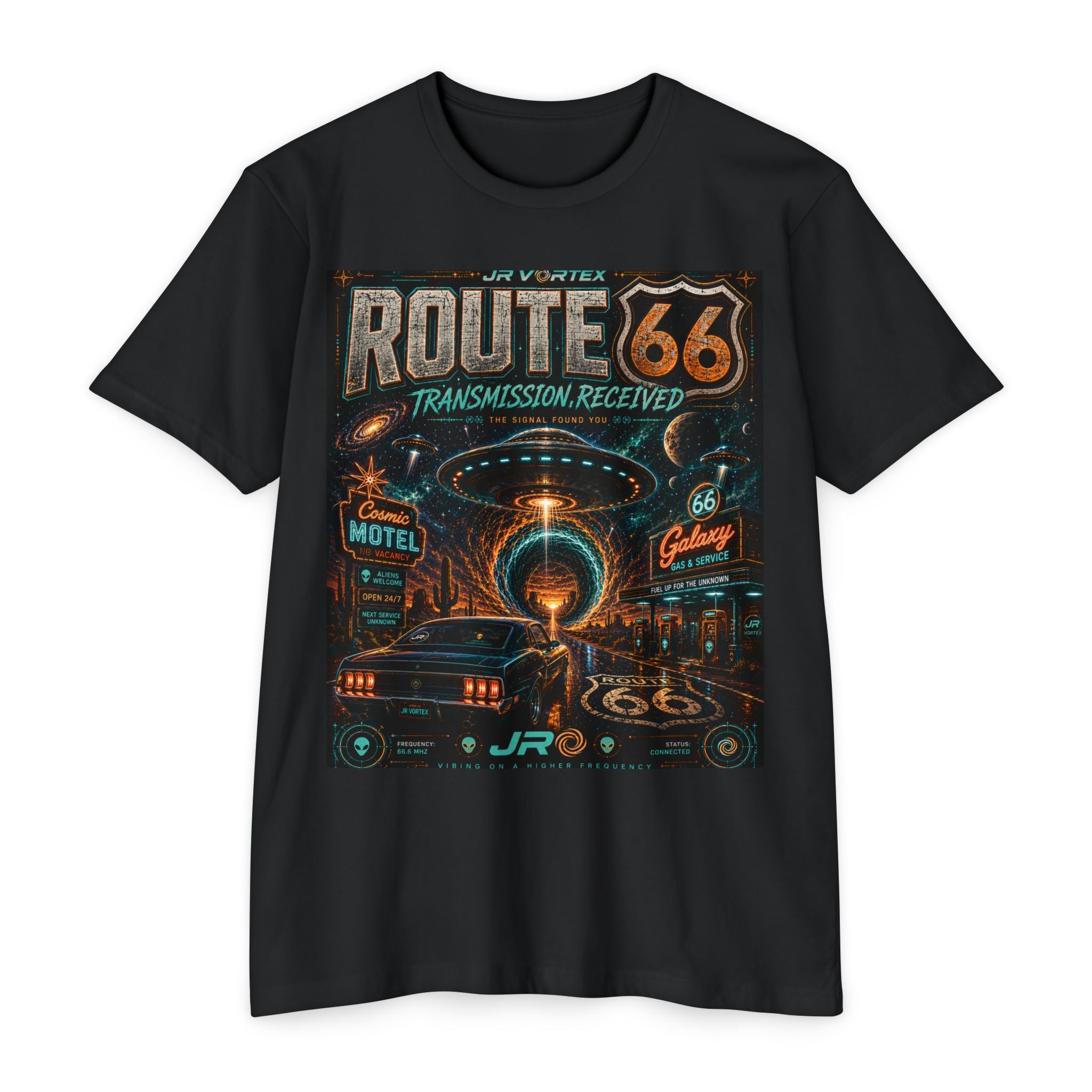 Route 66 Transmission Received Tee – JR Vortex Cosmic Signal Graphic T-Shirt