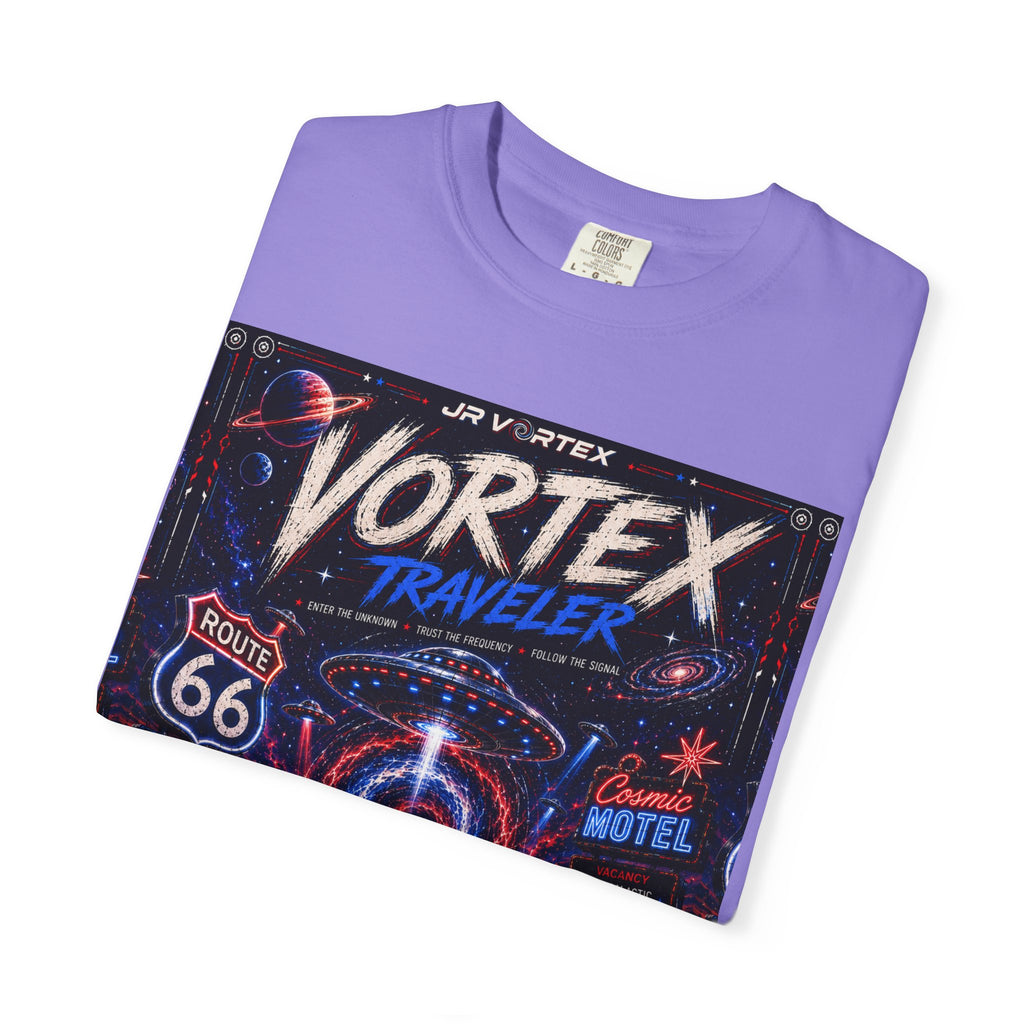 Vortex Traveler Graphic T-Shirt — Retro Route 66 Neon Space Design