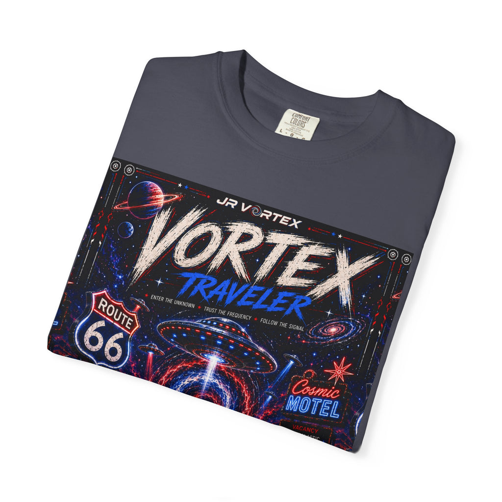 Vortex Traveler Graphic T-Shirt — Retro Route 66 Neon Space Design