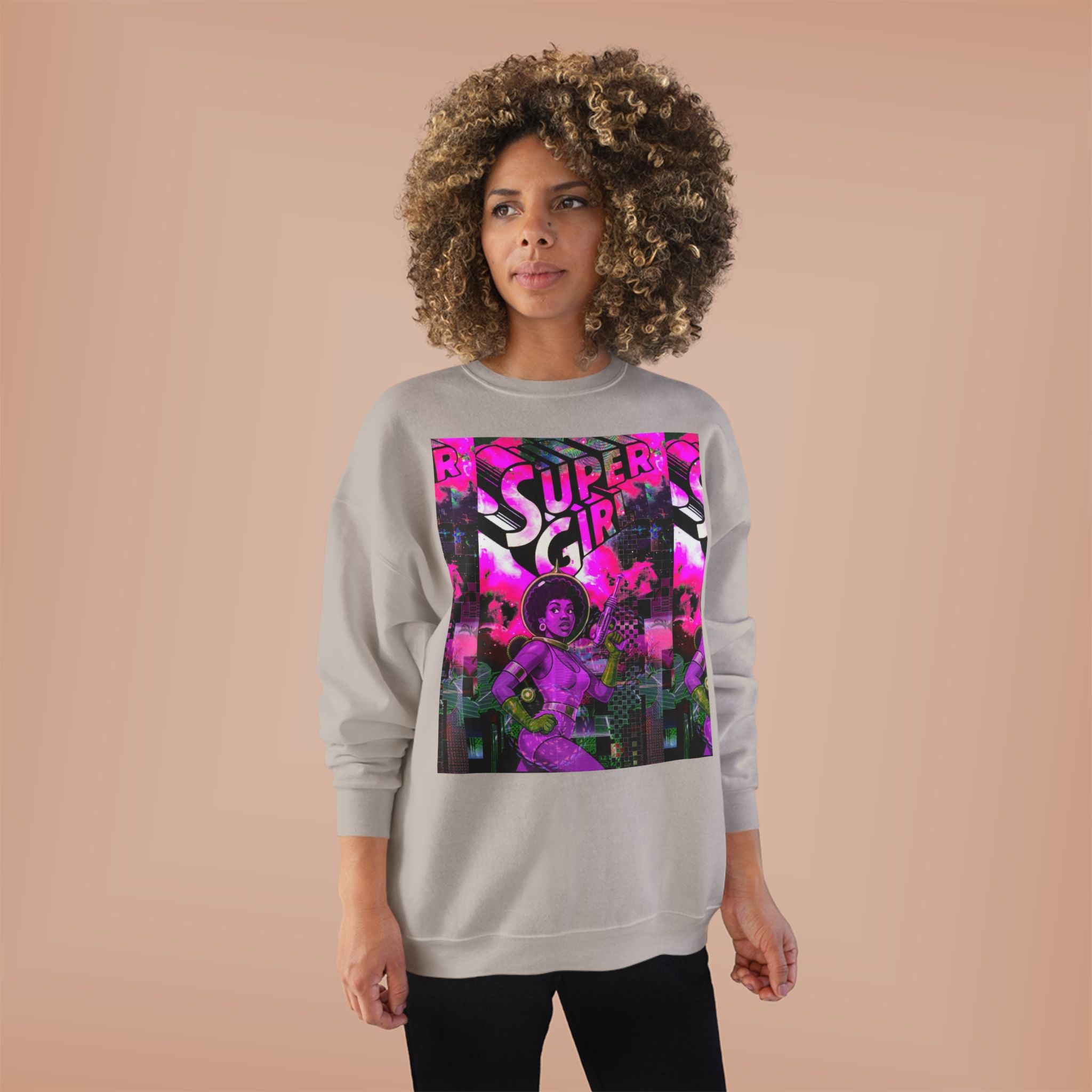 Super Girl Crewneck Sweatshirt — Retro Neon Comic Graphic