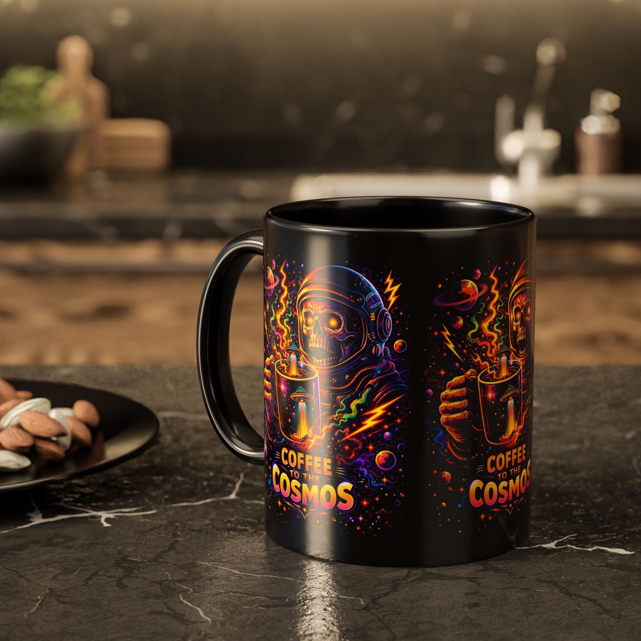 Coffee to the Cosmos Mug — Neon Space Skull Coffee Mug (11oz/15oz) Printify