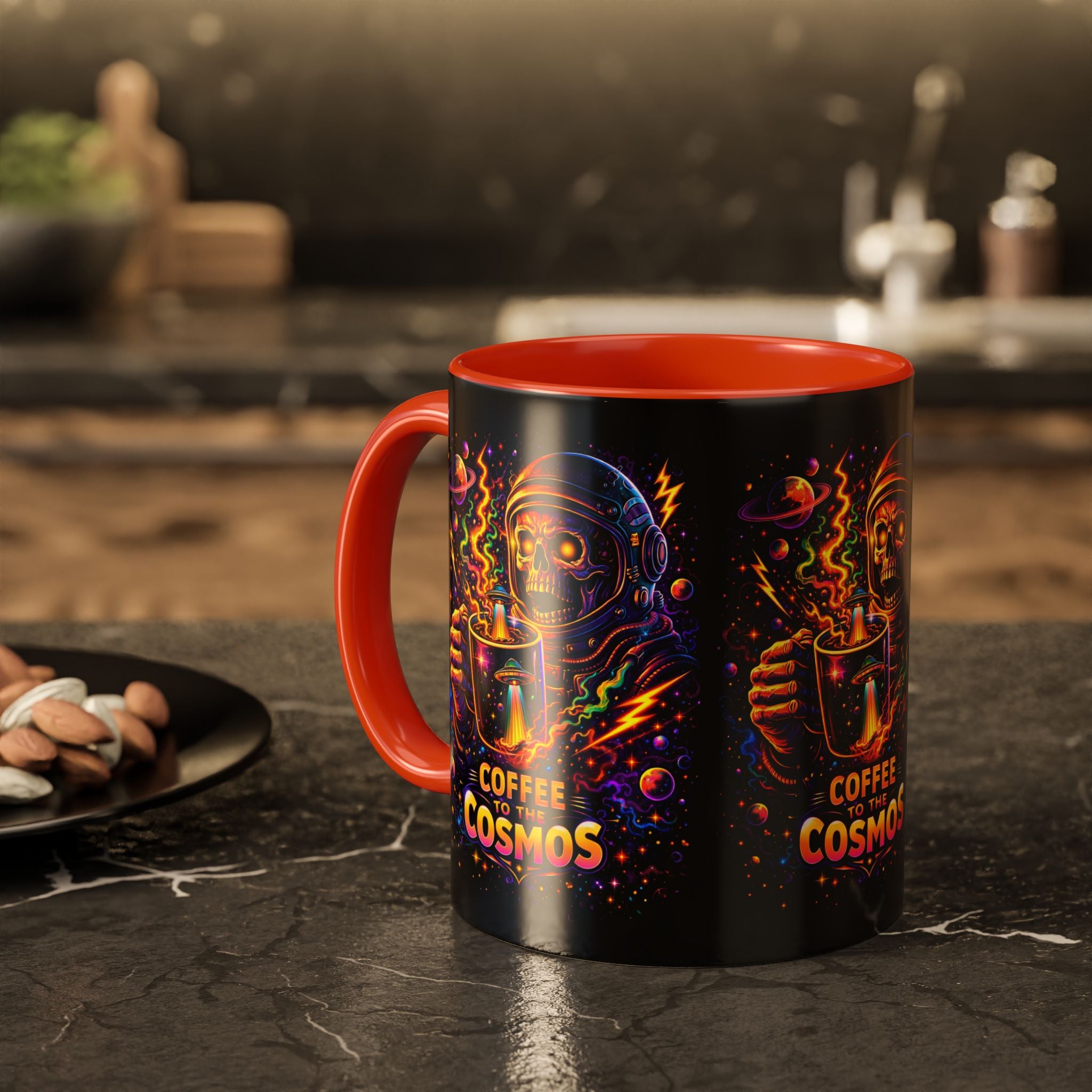 Coffee to the Cosmos Mug — Neon Space Skull Coffee Mug (11oz/15oz) Printify