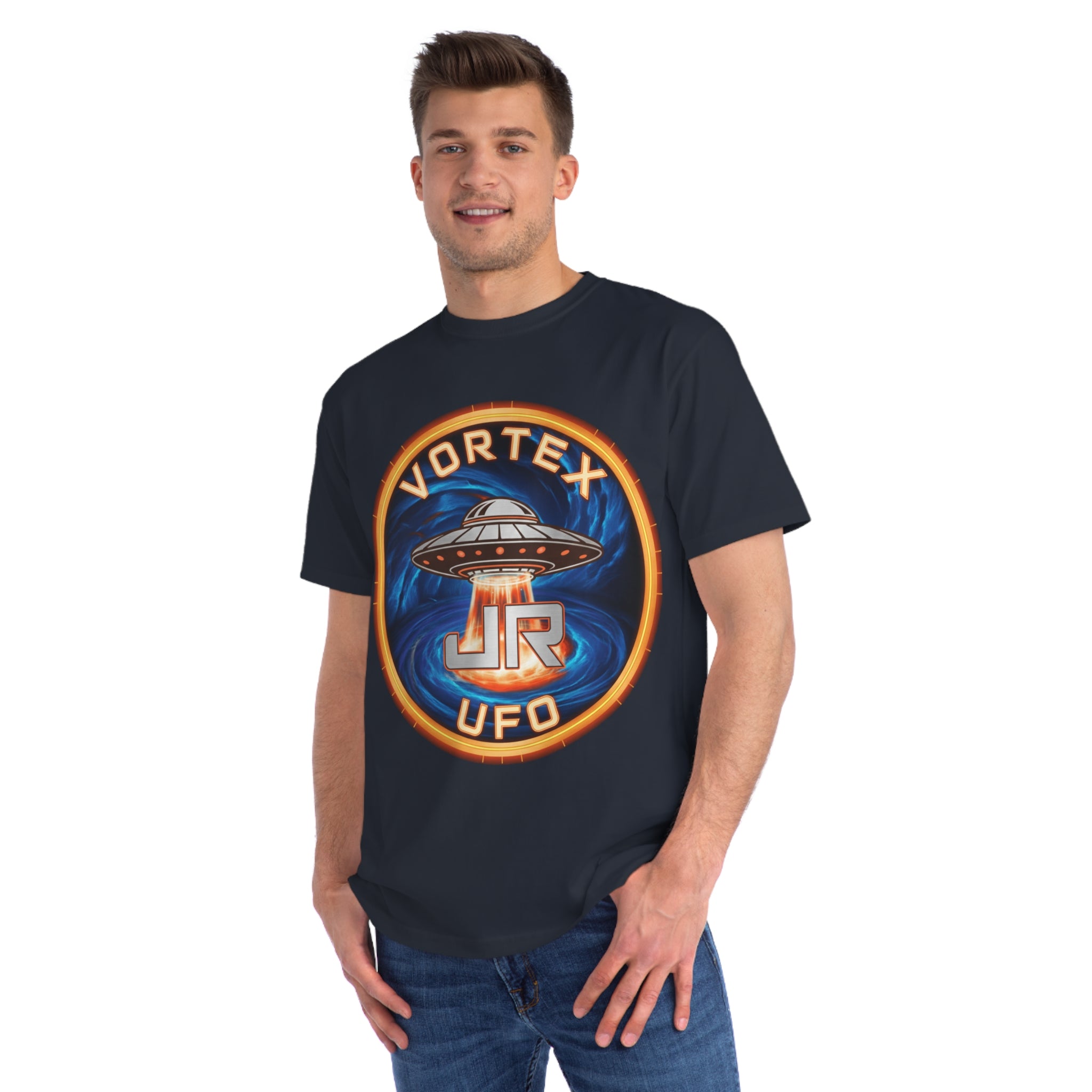 Vortex UFO JR Patch T‑Shirt — Retro UFO Badge Graphic Tee Printify