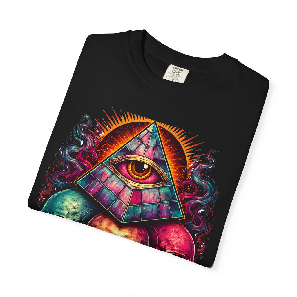 T-Shirt — Psychedelic All-Seeing Eye & Triple Skulls Graphic.       💀 i got make tags for for this Printify
