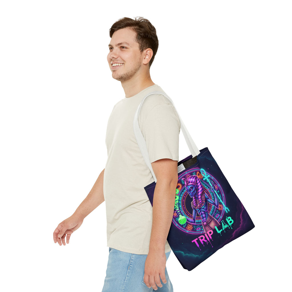 Psychedelic Trip Lab Tote Bag — Neon Ancient-Egypt Anubis All-Over Print