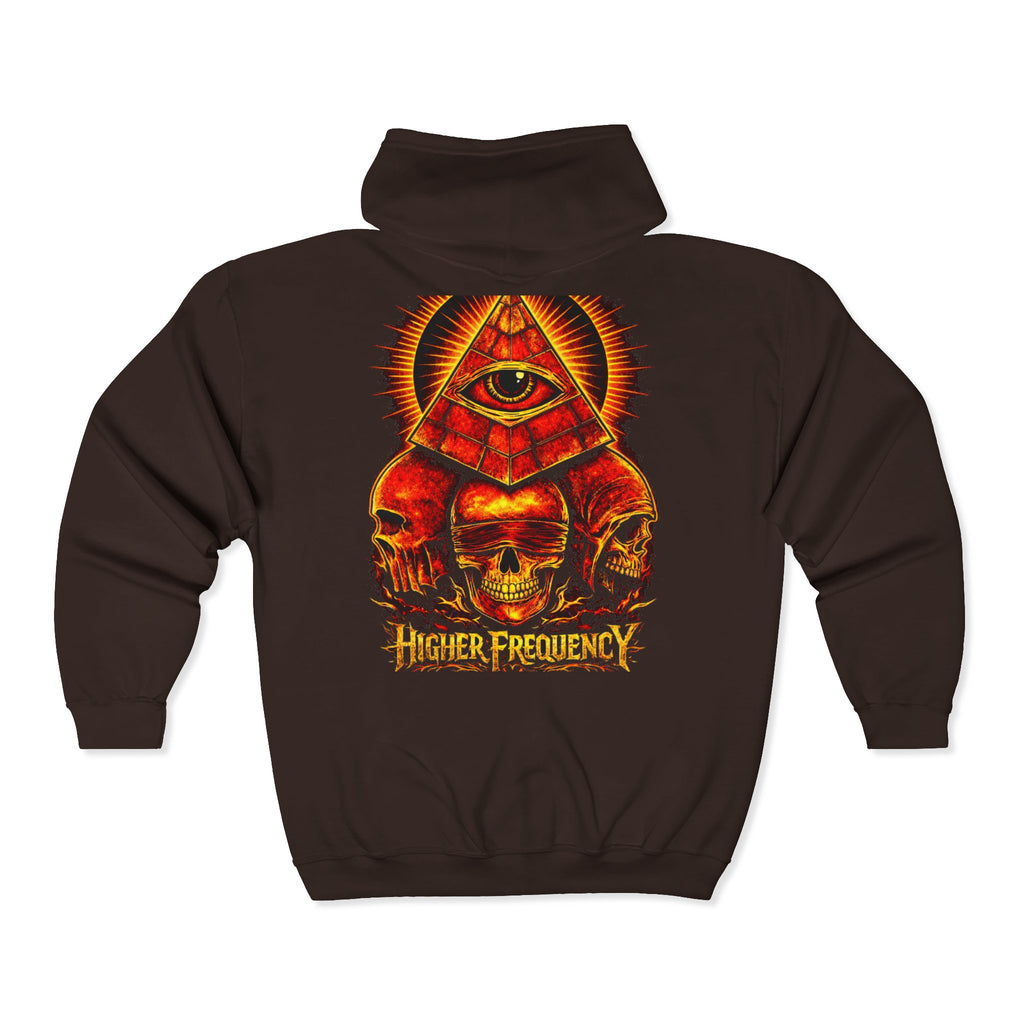 Illuminated Skull Zip Hoodie — All-Seeing Eye Graphic Back Printify