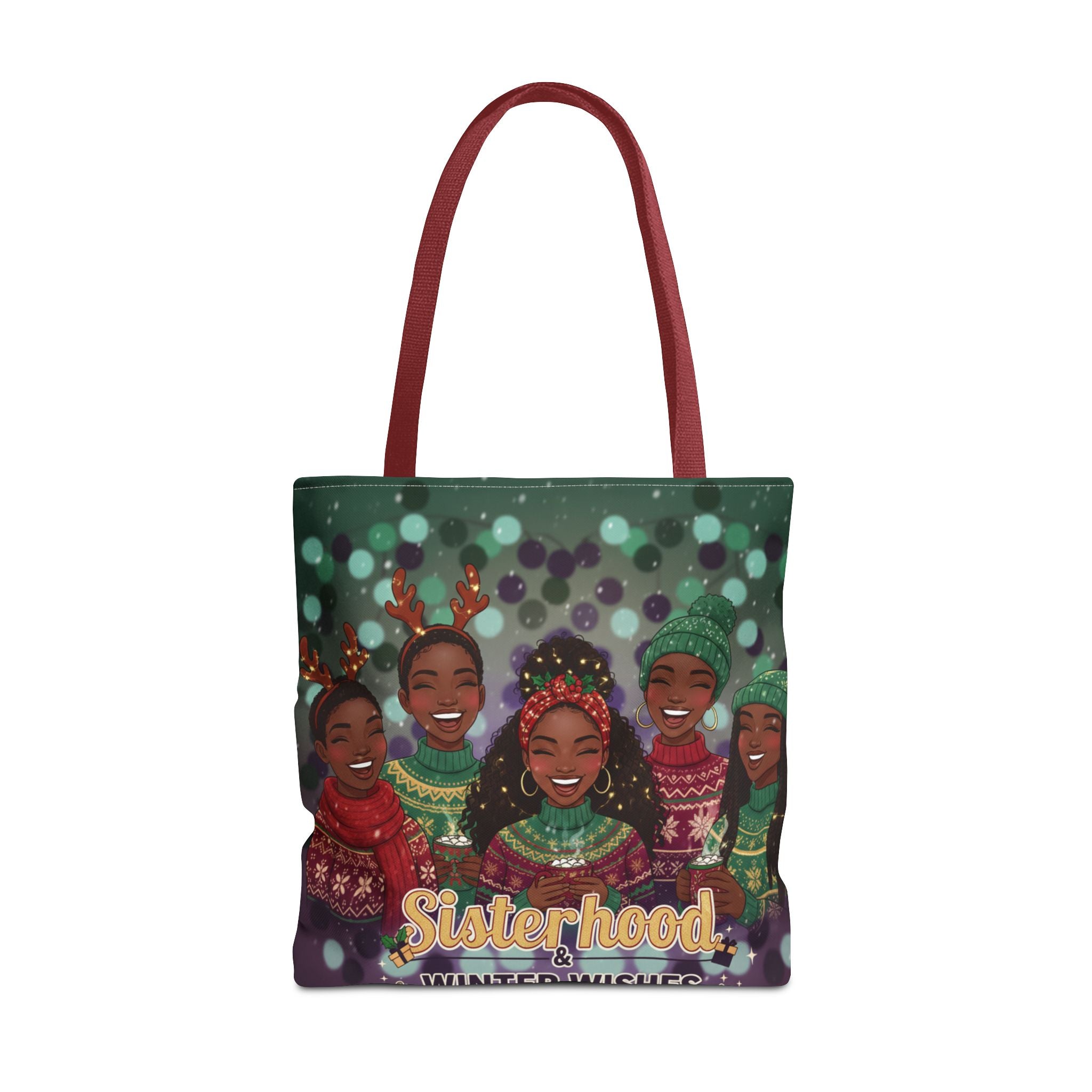 Sisterhood Winter Wishes Holiday Tote Bag — Festive Afrocentric Christmas Market Bag🎄