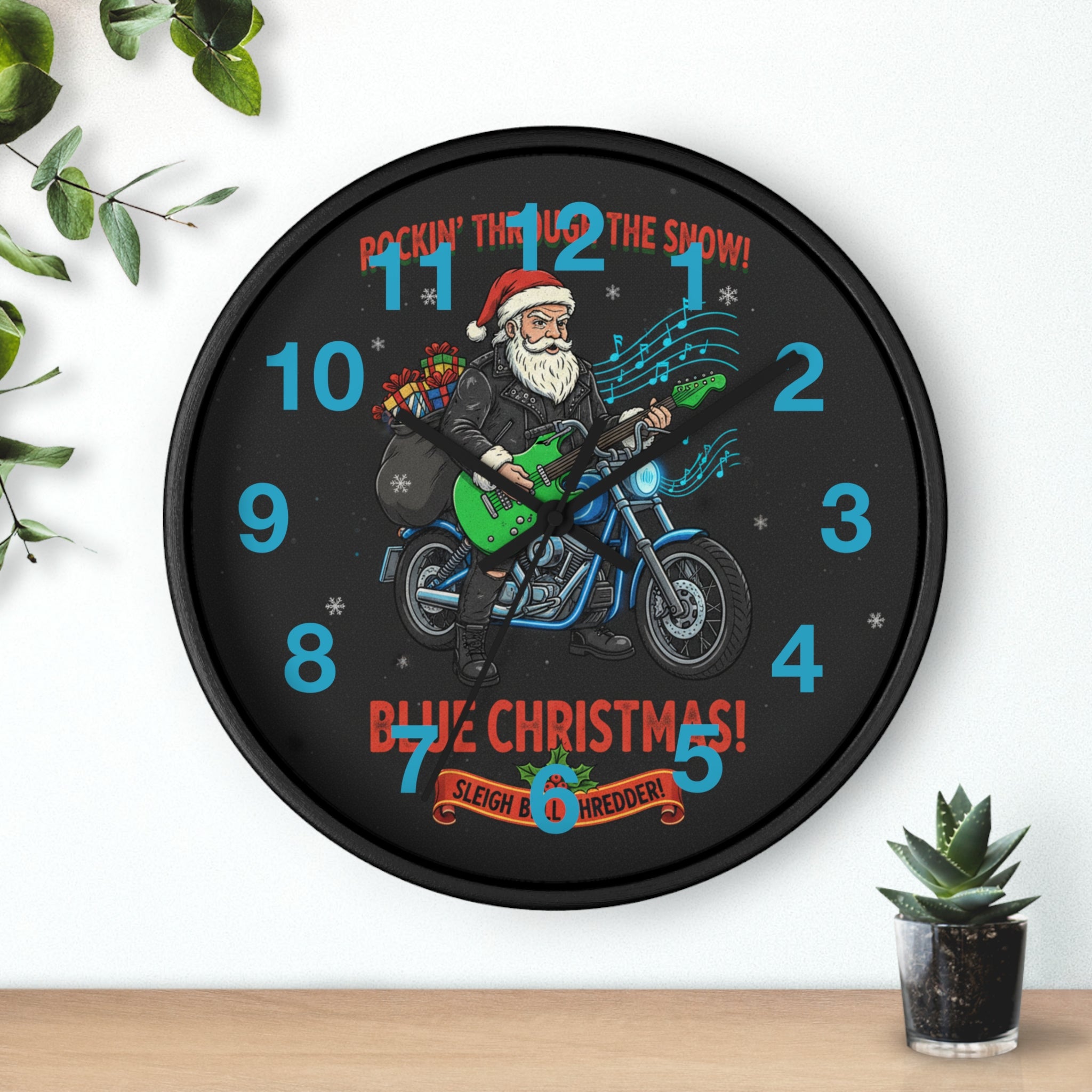 Blue Christmas Motorcycle Santa Wall Clock — 'Rockin' Through The Snow' Holiday Decor