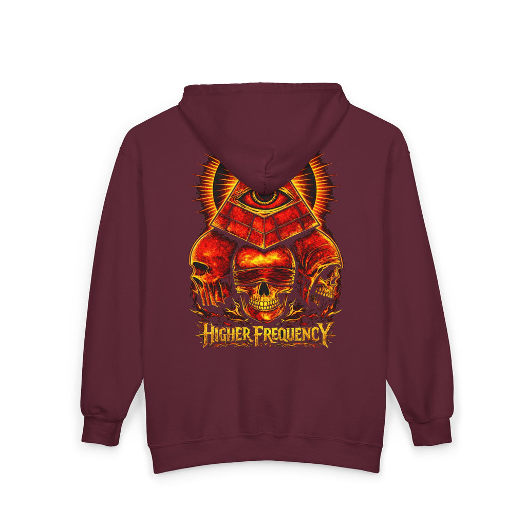 Illuminated Skull Zip Hoodie — All-Seeing Eye Graphic Back Printify