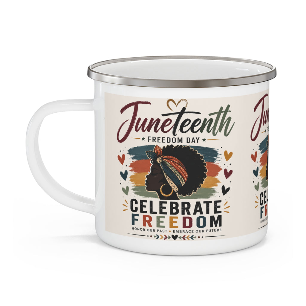 Juneteenth Enamel Camping Mug — "Celebrate Freedom" Retro Afro Pride Design