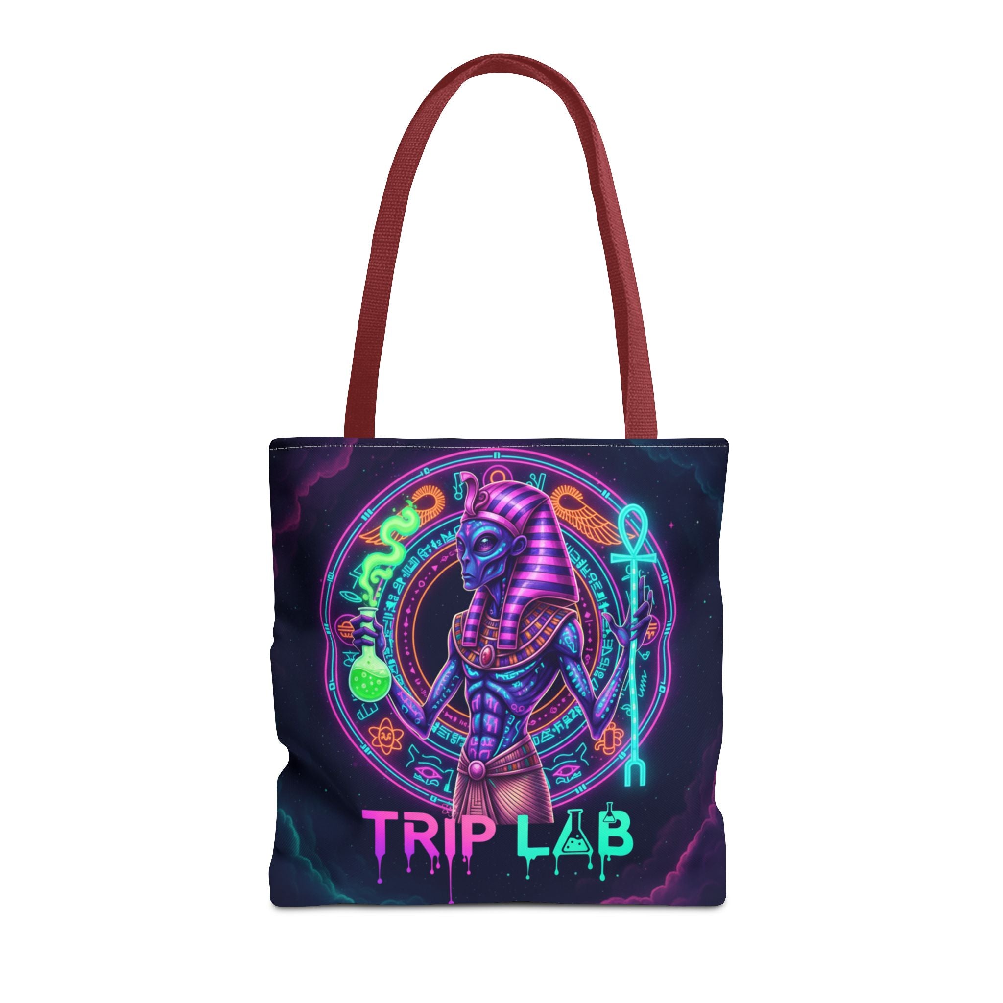 Psychedelic Trip Lab Tote Bag — Neon Ancient-Egypt Anubis All-Over Print
