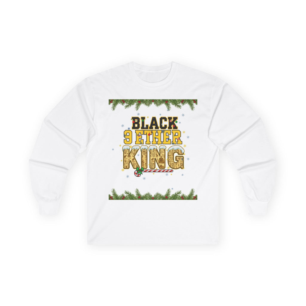 Long Sleeve Tee — "Black 9ether King" Holiday Graphic with Pine Garland