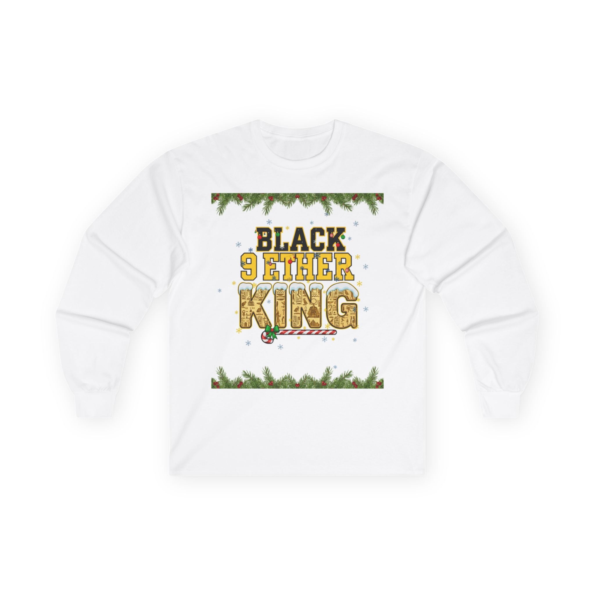 Long Sleeve Tee — "Black 9ether King" Holiday Graphic with Pine Garland