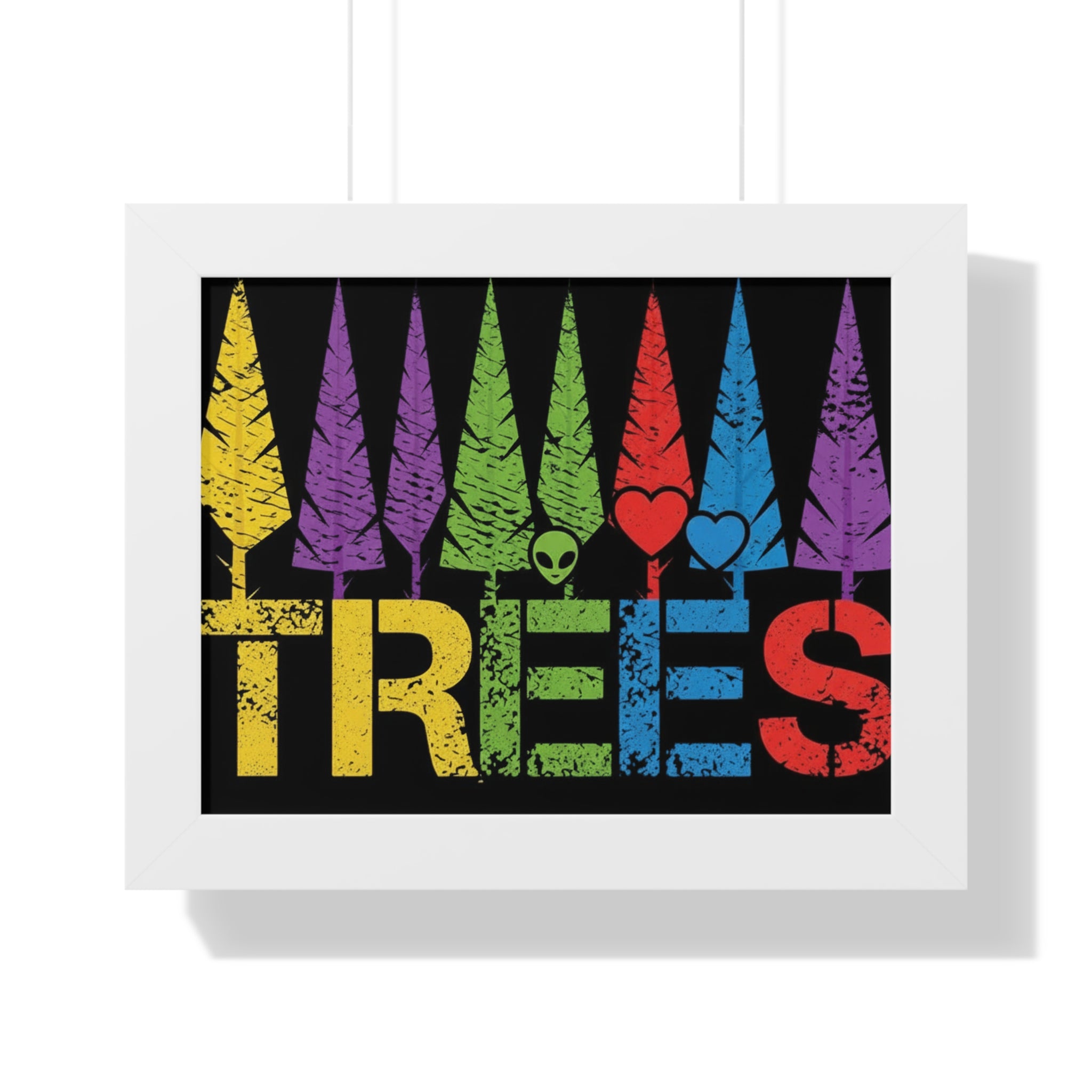 Framed Poster - Colorful Retro 'TREES' Art Print (Rainbow Forest with Heart & Alien Icons)