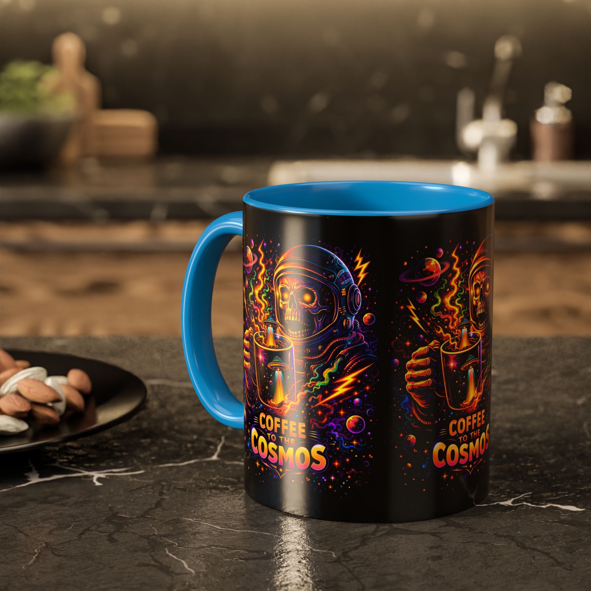 Coffee to the Cosmos Mug — Neon Space Skull Coffee Mug (11oz/15oz) Printify