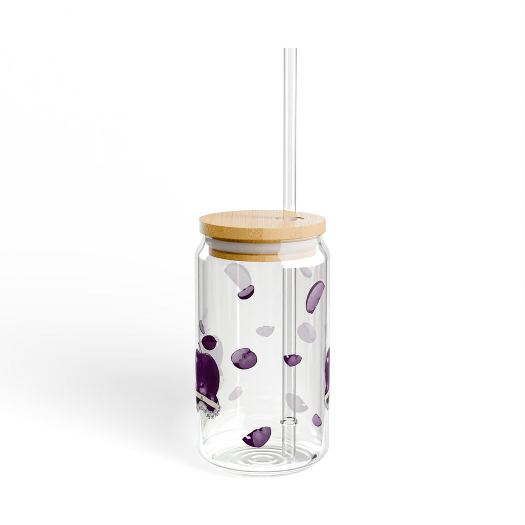 16oz Glass Sipper Cup with Purple Apple & Petals | Aesthetic Glass Tumbler with Bamboo Lid & Straw | Cute Reusable Iced Coffee Cup Printify