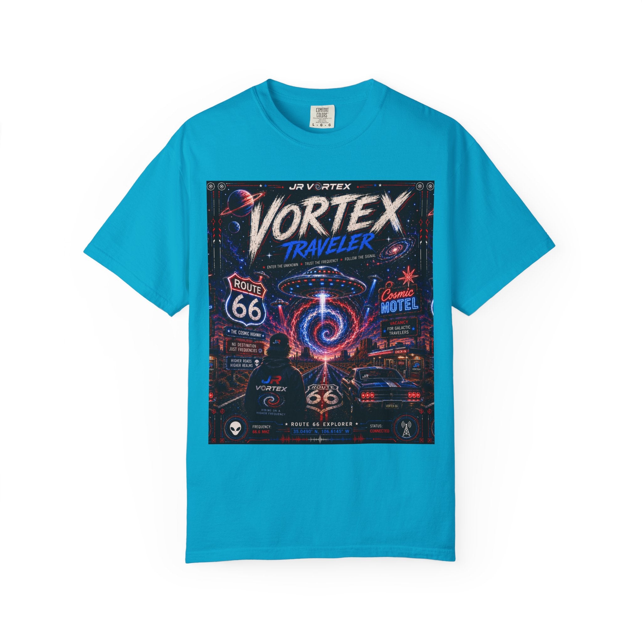 Vortex Traveler Graphic T-Shirt — Retro Route 66 Neon Space Design
