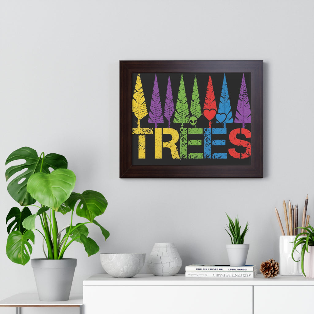 Framed Poster - Colorful Retro 'TREES' Art Print (Rainbow Forest with Heart & Alien Icons)