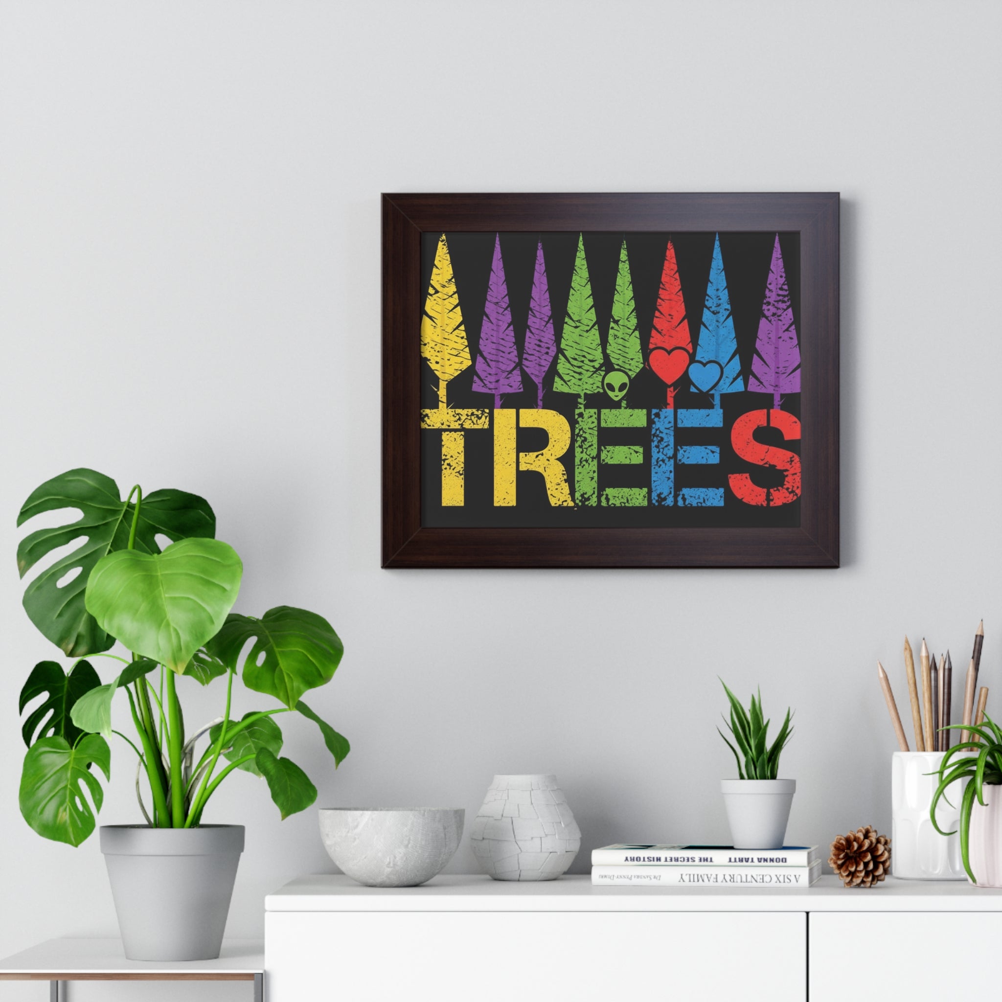 Framed Poster - Colorful Retro 'TREES' Art Print (Rainbow Forest with Heart & Alien Icons)
