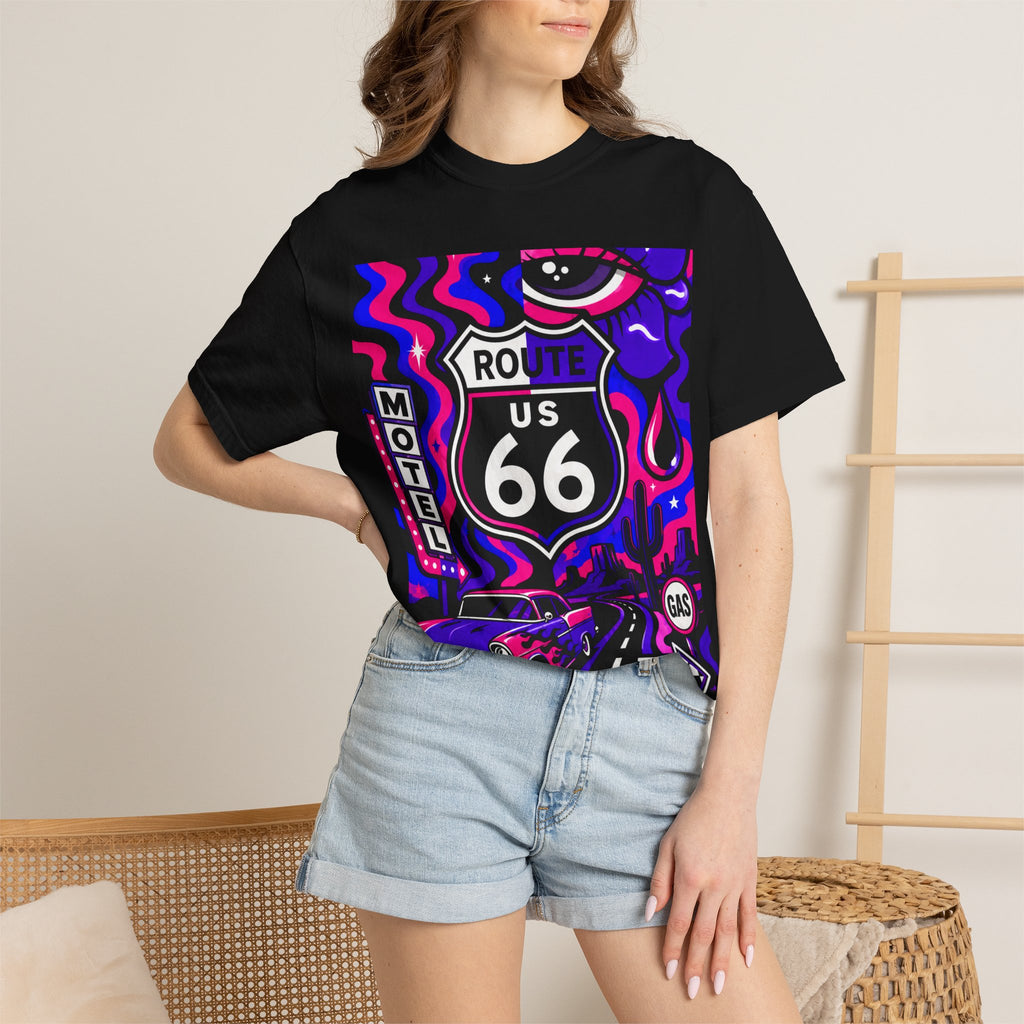 Title: Route 66 Cosmic Highway Tee — Neon Road Trip Graphic
