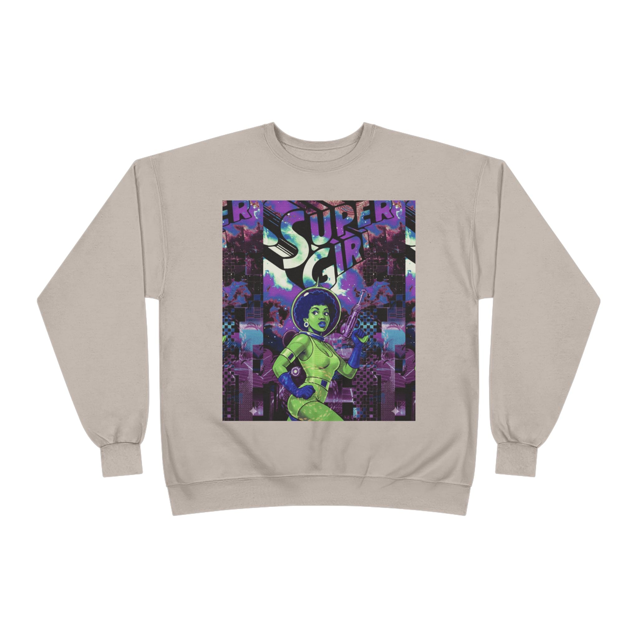 Retro Sci‑Fi 'Supergirl' Graphic Sweatshirt — Neon Space Comic Crewneck