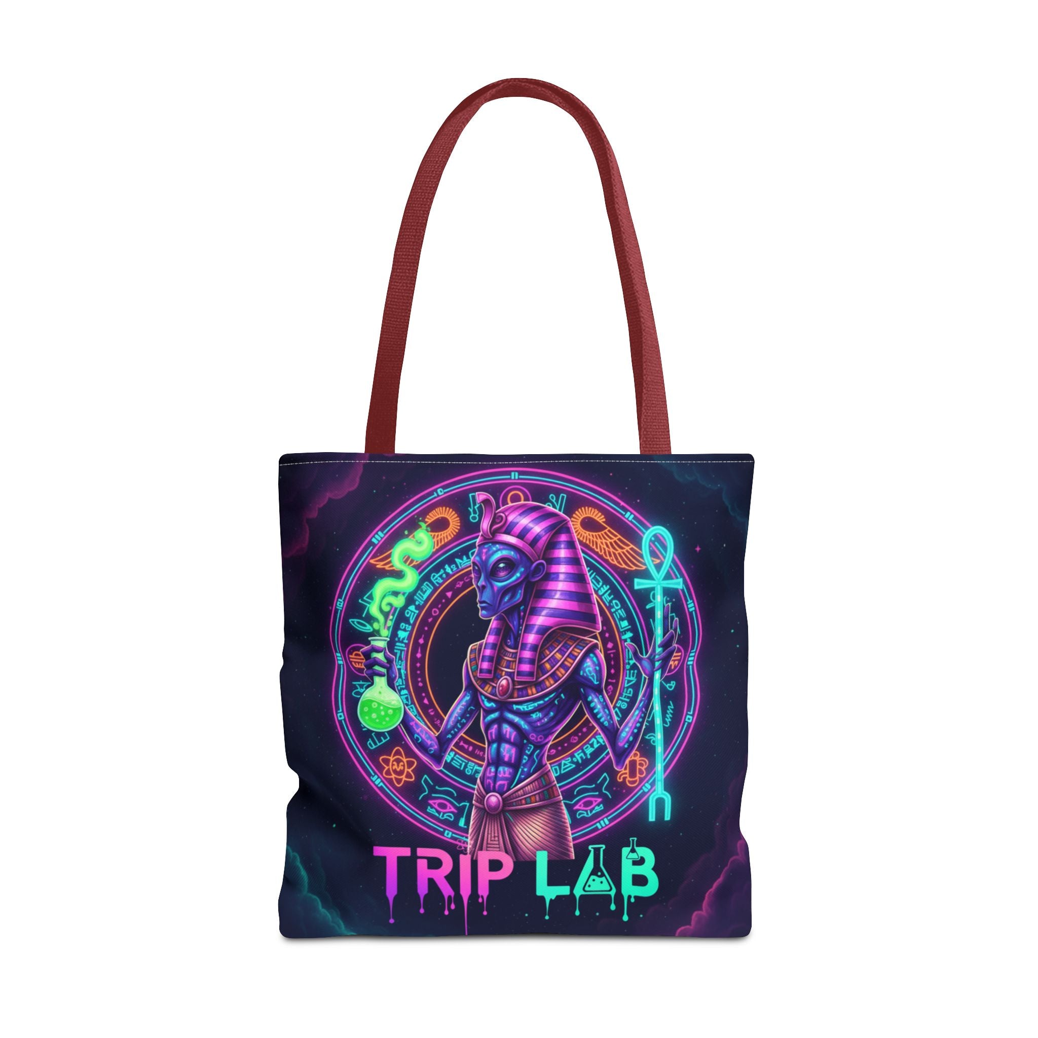 Psychedelic Trip Lab Tote Bag — Neon Ancient-Egypt Anubis All-Over Print