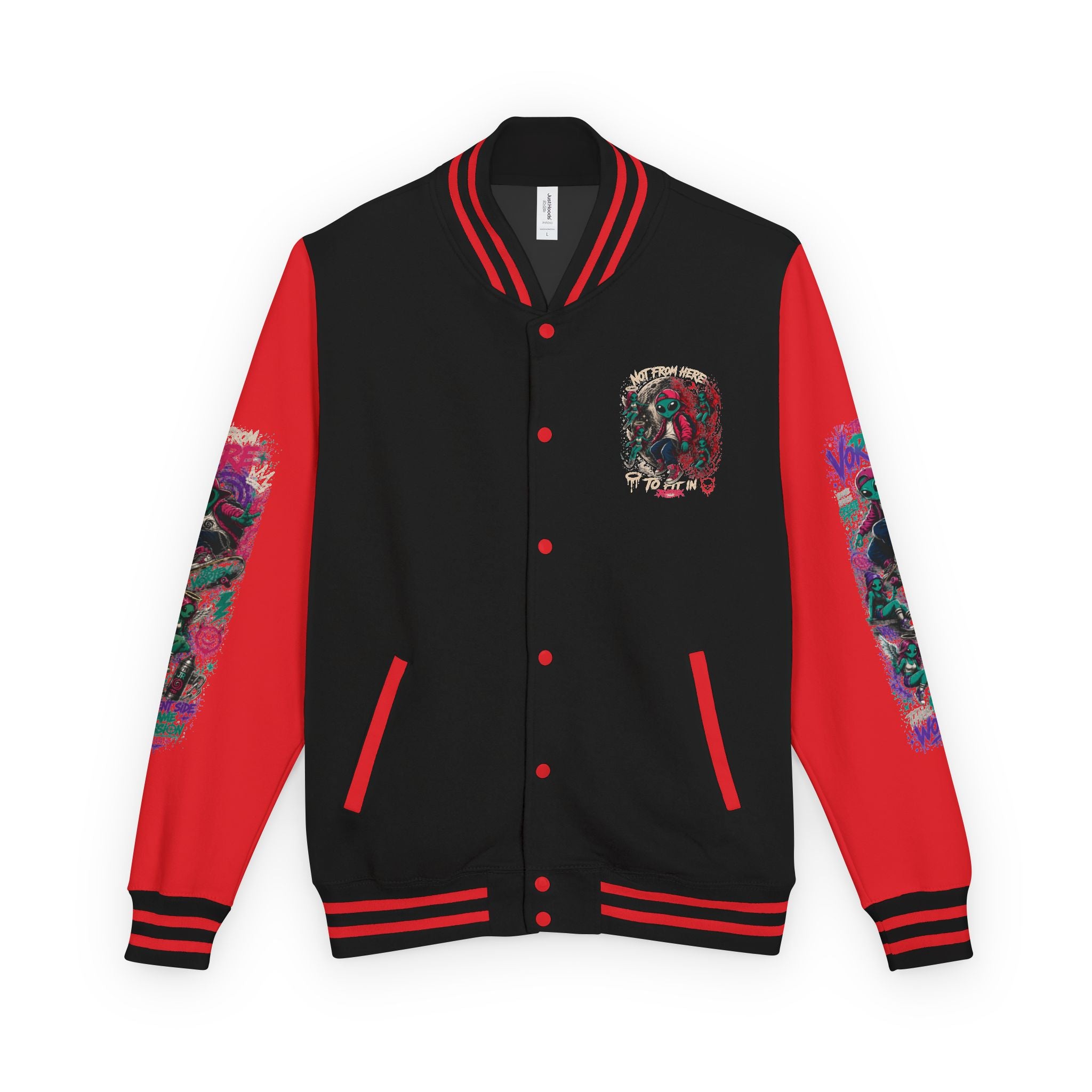 Letterman Jacket — Neon Alien Skull Graphic Varsity Jacket