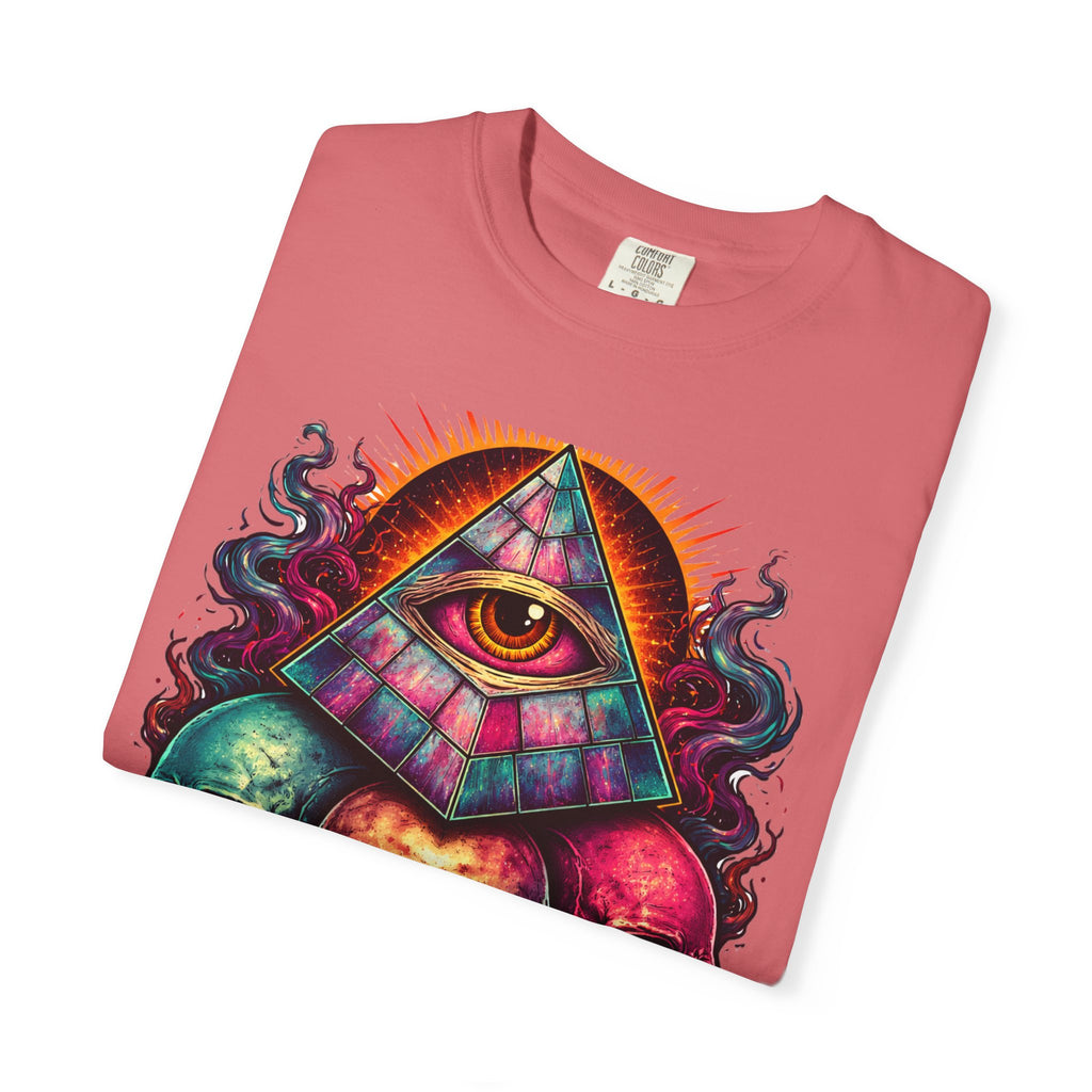 T-Shirt — Psychedelic All-Seeing Eye & Triple Skulls Graphic.       💀 i got make tags for for this Printify
