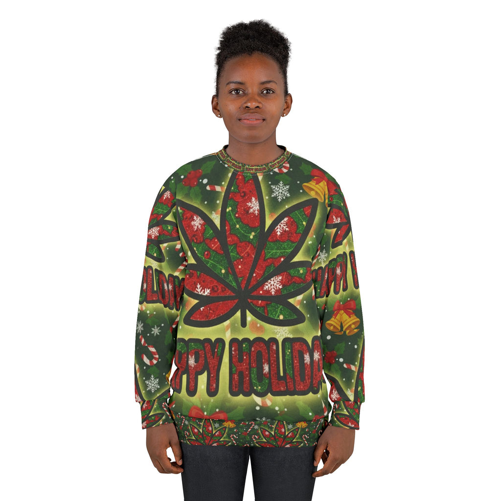 Holiday Cannabis Leaf Sweatshirt – "Happy Holidays" All-Over Print