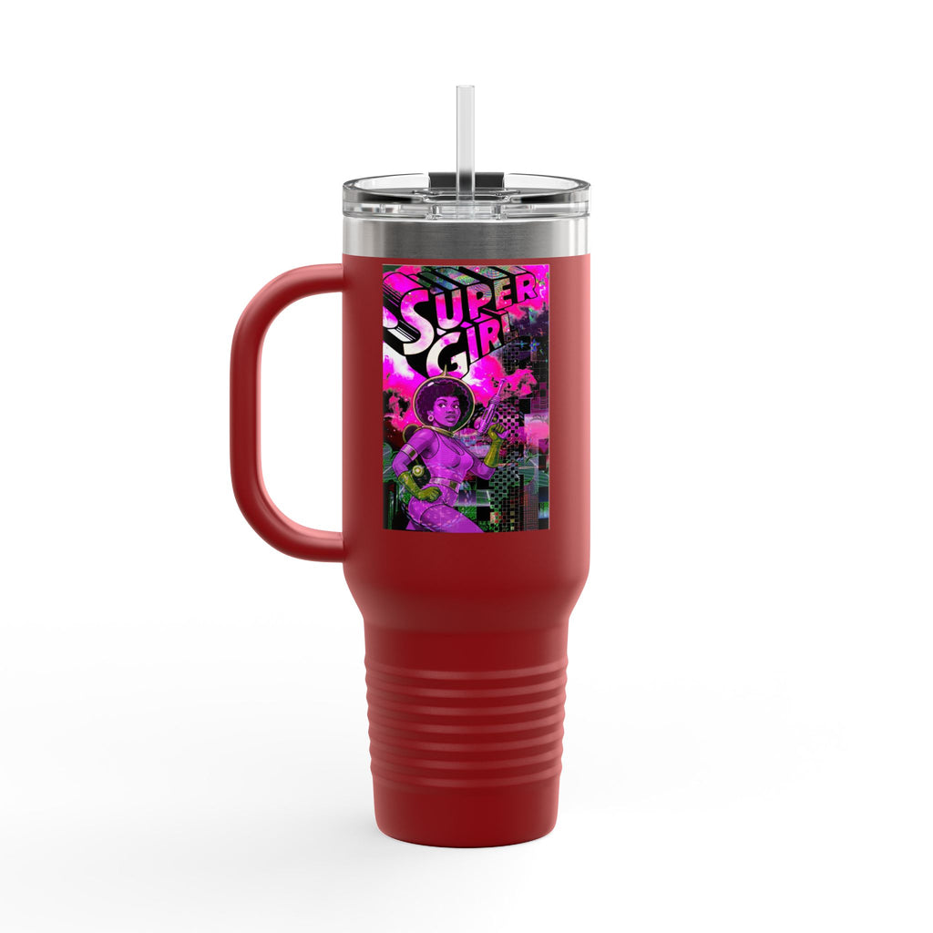 40oz Travel Mug — Neon 'Super Girl' Retro Comic Design