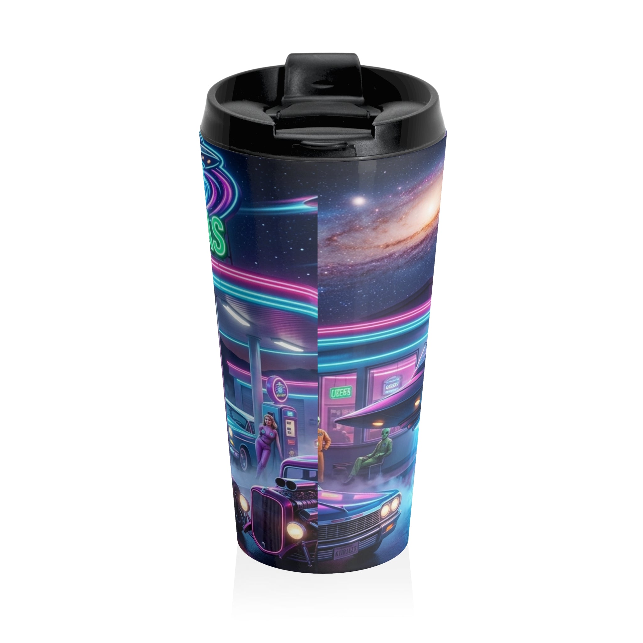 UFO Diner Stainless Steel Travel Mug — Retro Neon Space Vortex Design