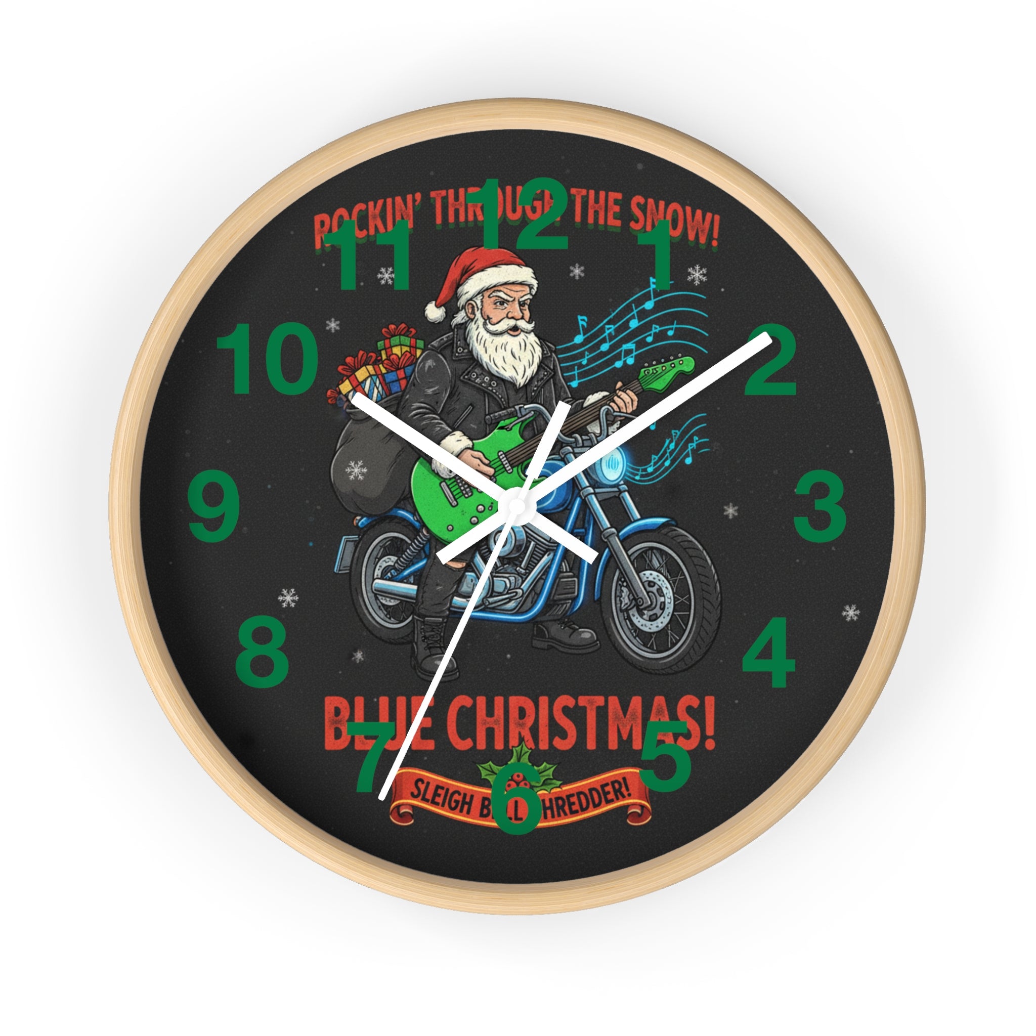 Blue Christmas Motorcycle Santa Wall Clock — Rockin' Through the Snow Holiday Decor