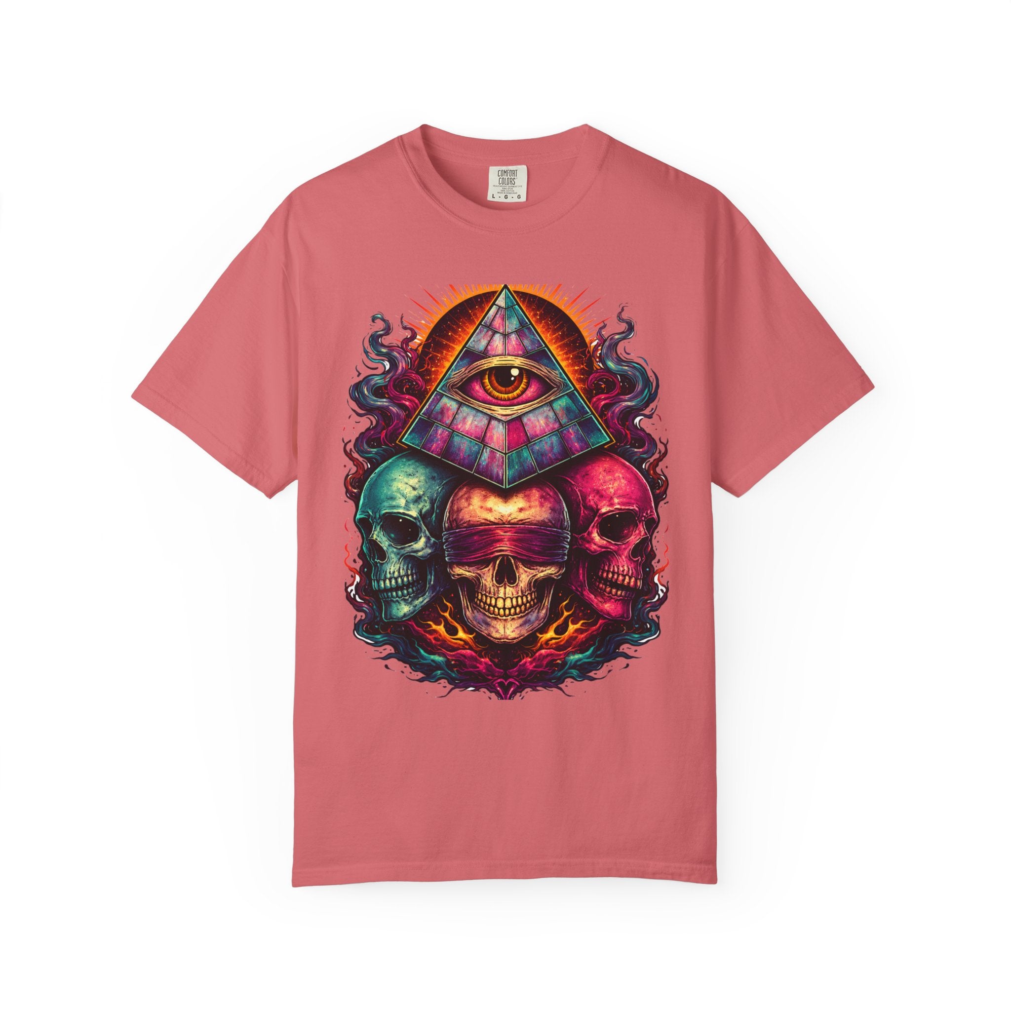 T-Shirt — Psychedelic All-Seeing Eye & Triple Skulls Graphic.       💀 i got make tags for for this Printify