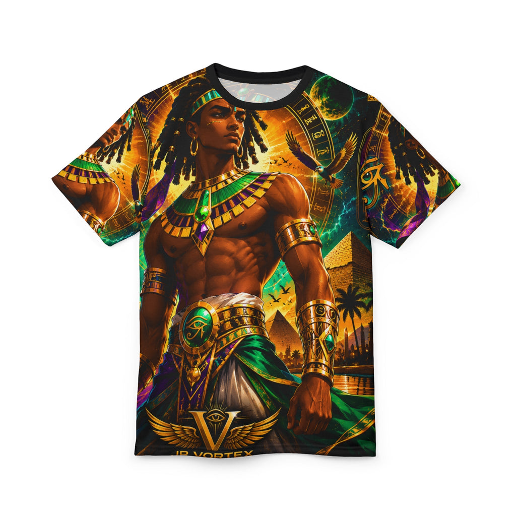 Egyptian Pharaoh Graphic Tee fabric texture and stitching detail, 100% polyester all-over print
