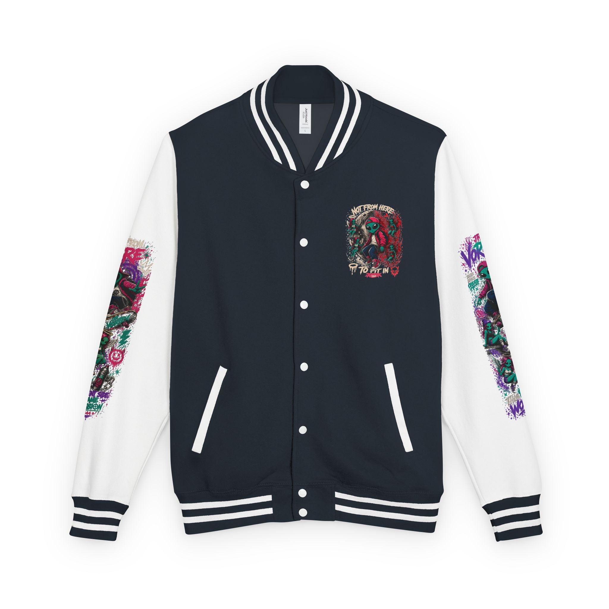 Letterman Jacket — Neon Alien Skull Graphic Varsity Jacket