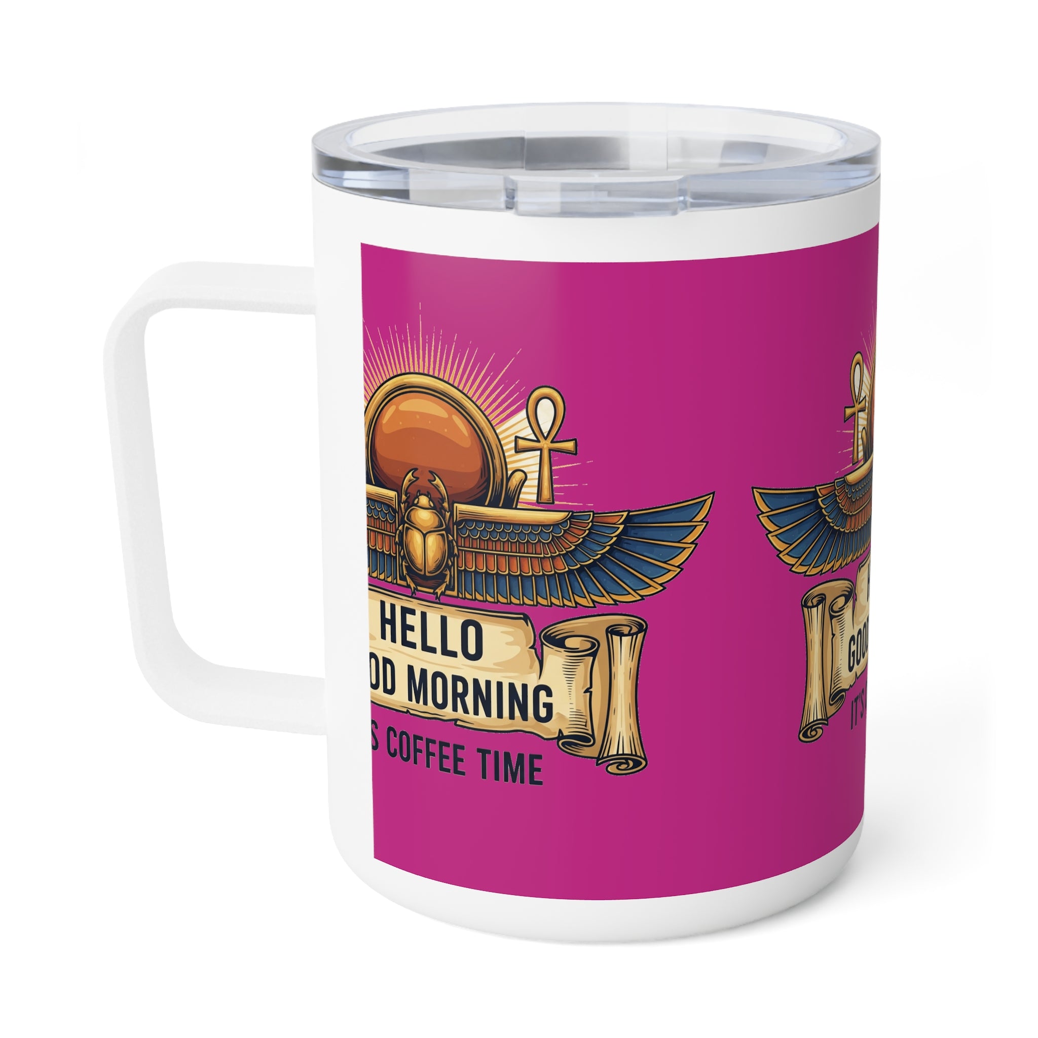 Hello Good Morning Coffee Mug — 10oz Insulated Travel Tumbler with Egyptian Scarab Sunrise Design