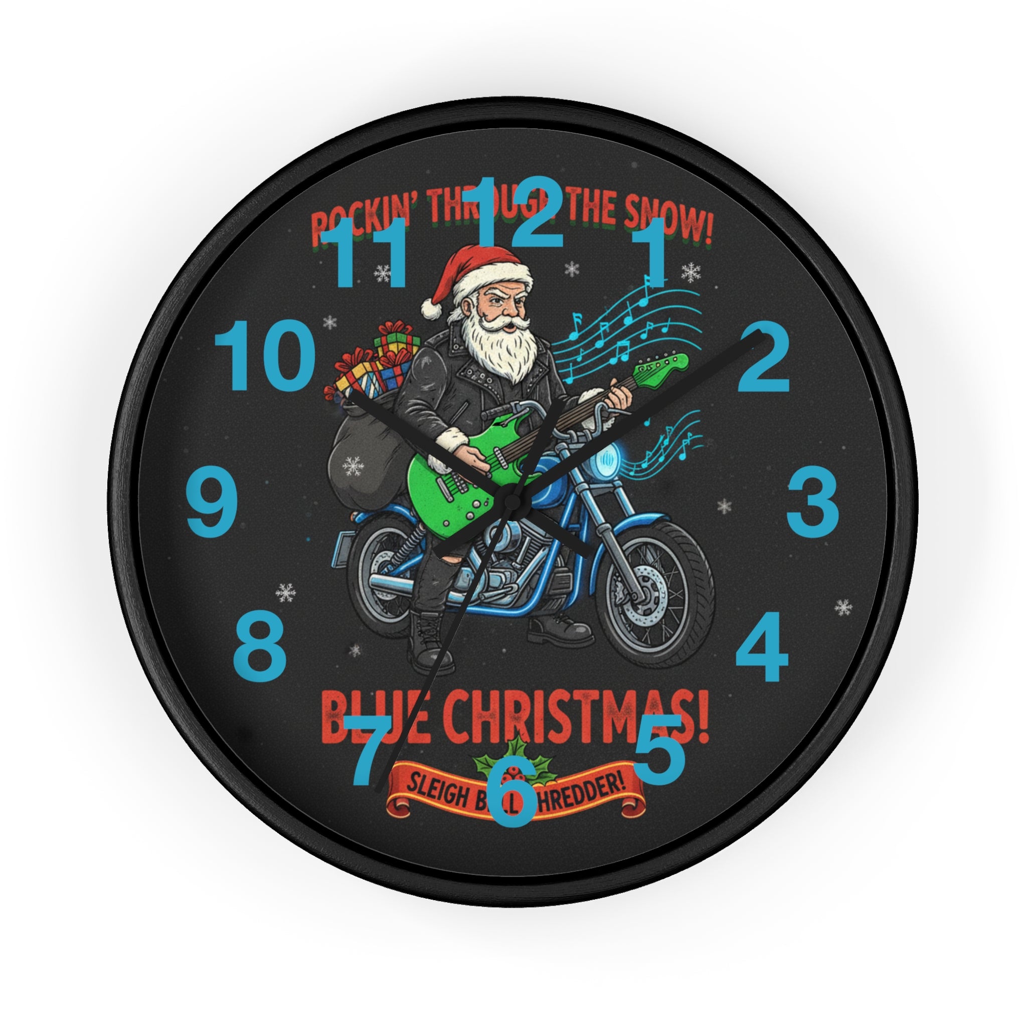 Blue Christmas Motorcycle Santa Wall Clock — 'Rockin' Through The Snow' Holiday Decor