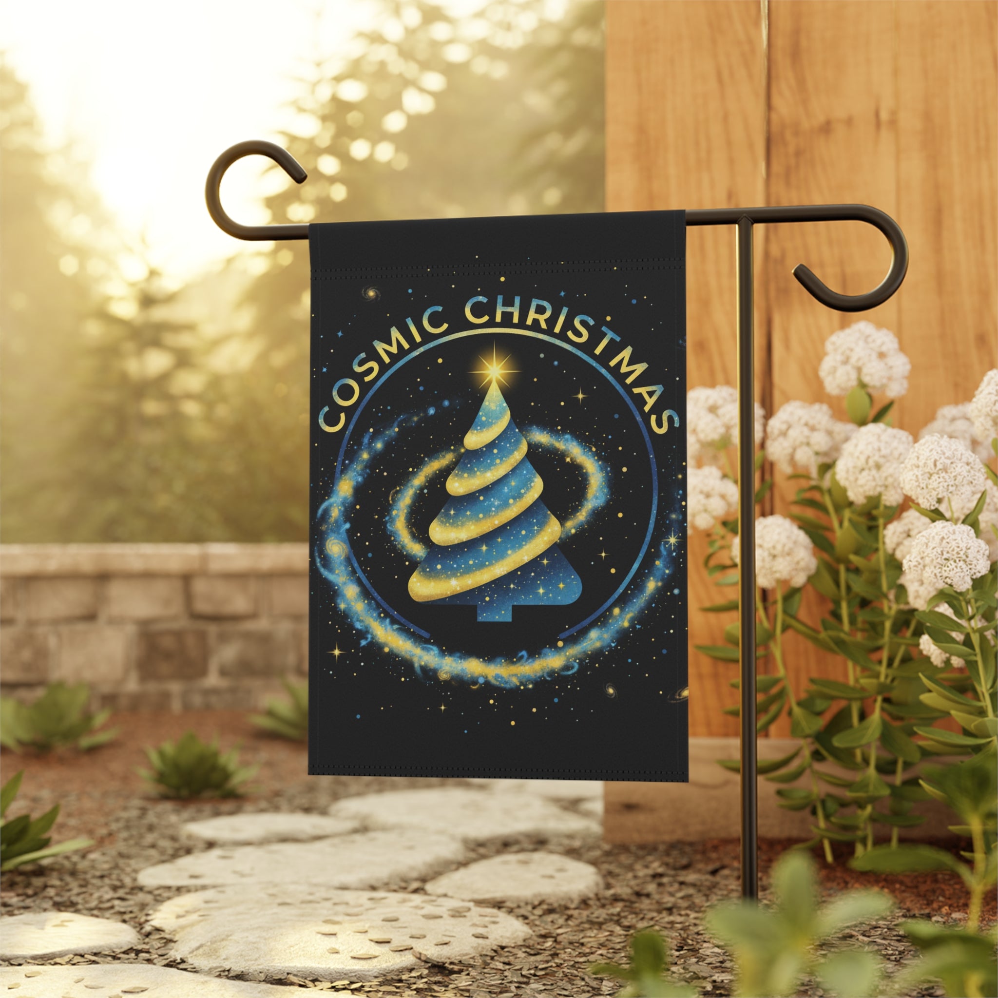 Cosmic Christmas Garden Flag — Sparkling Galaxy Tree Holiday Banner❄️