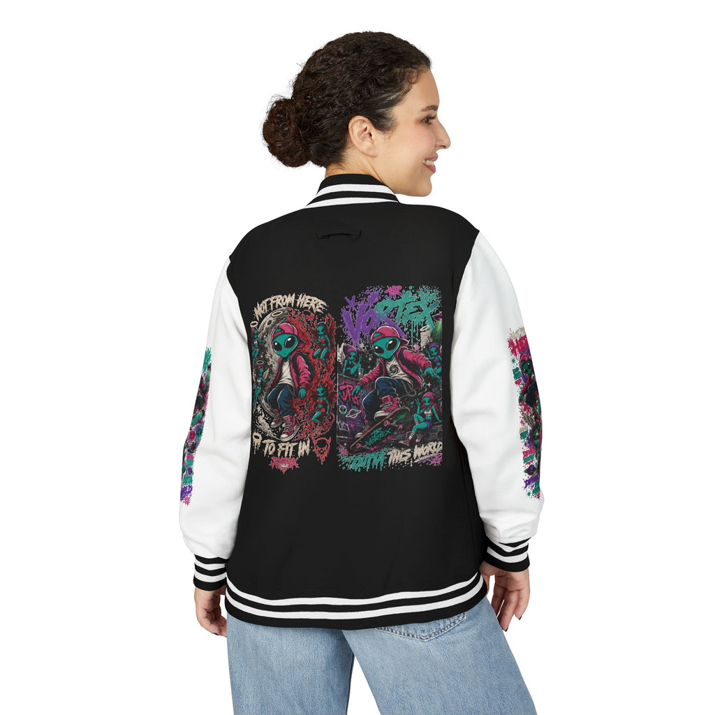 Letterman Jacket — Neon Alien Skull Graphic Varsity Jacket