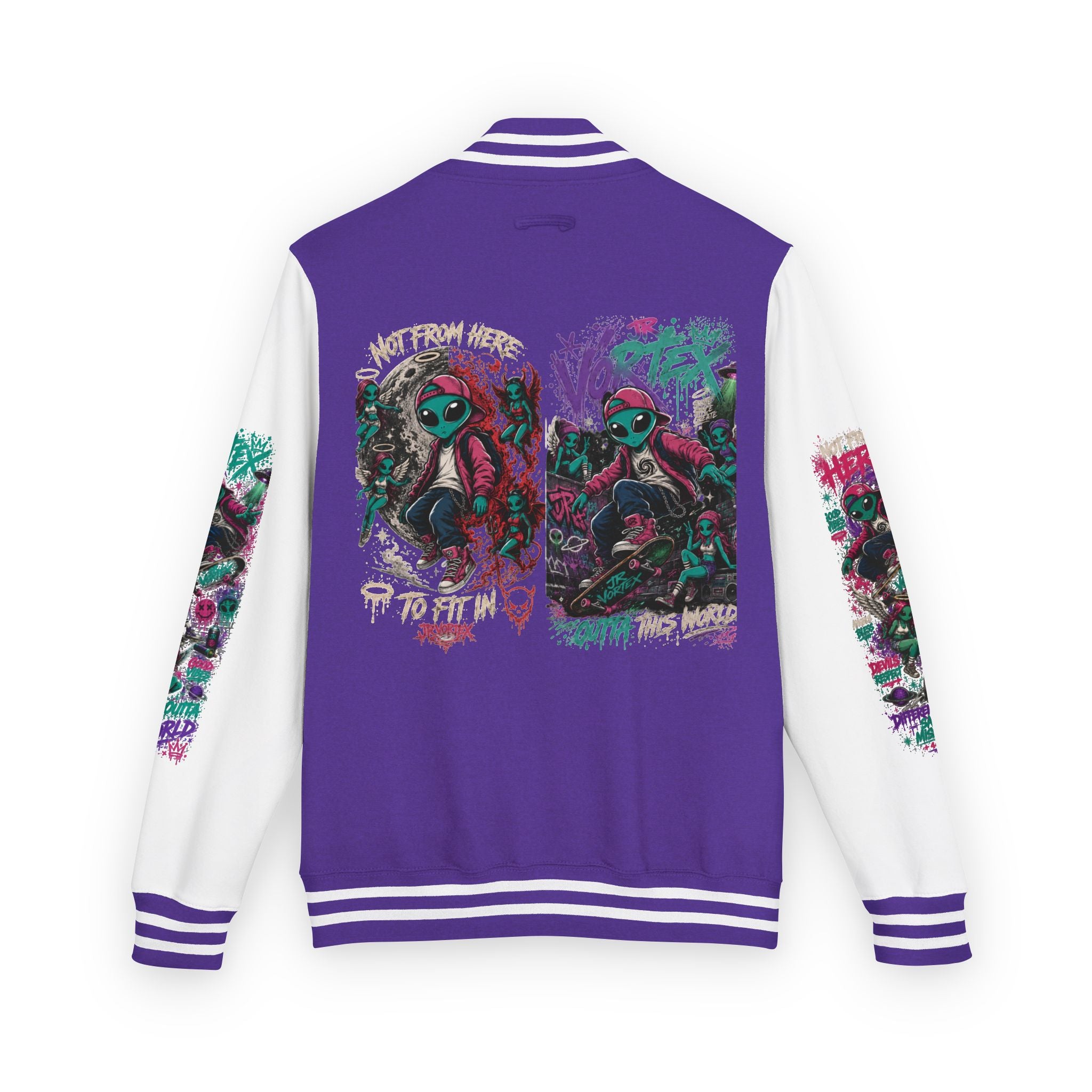Letterman Jacket — Neon Alien Skull Graphic Varsity Jacket