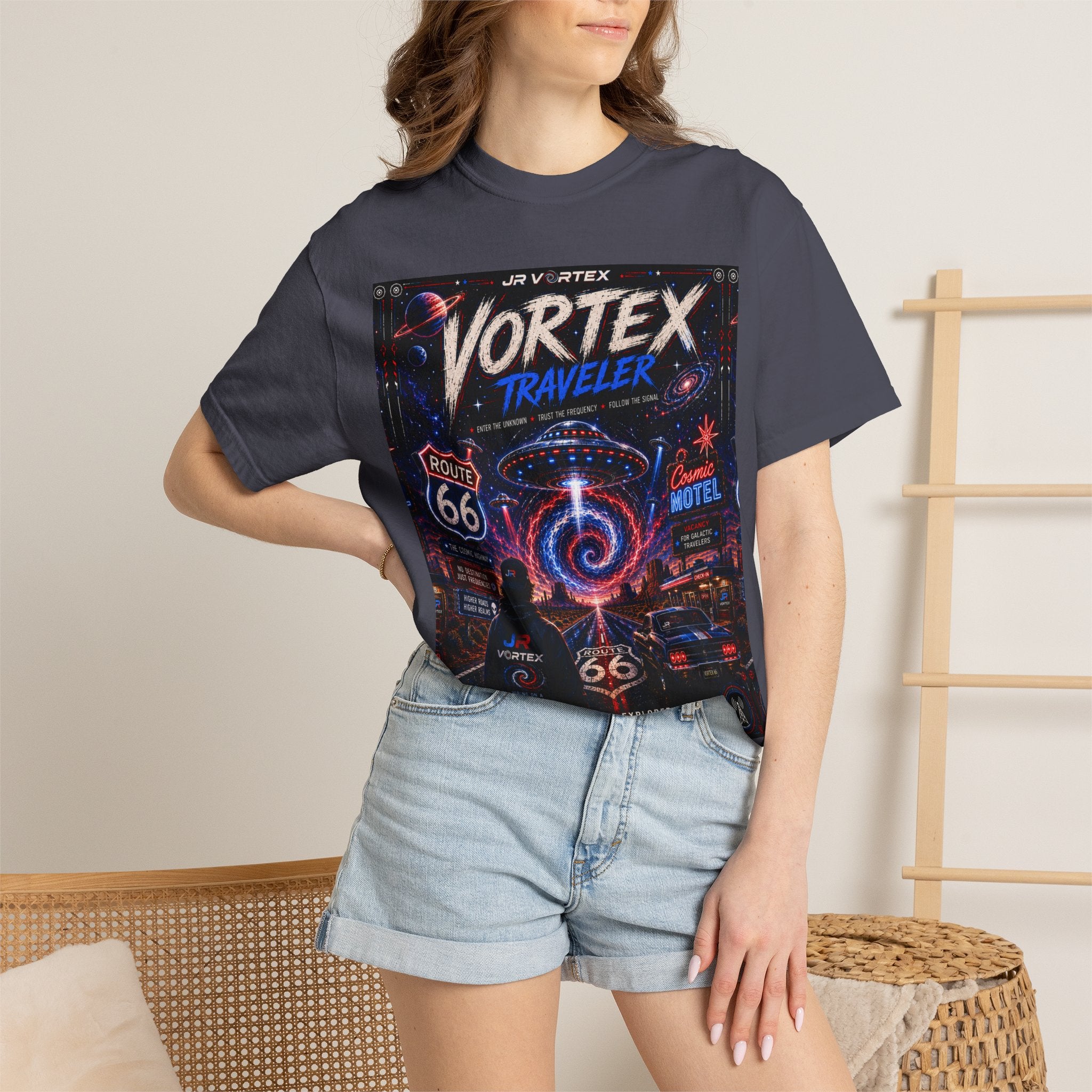 Vortex Traveler Graphic T-Shirt — Retro Route 66 Neon Space Design