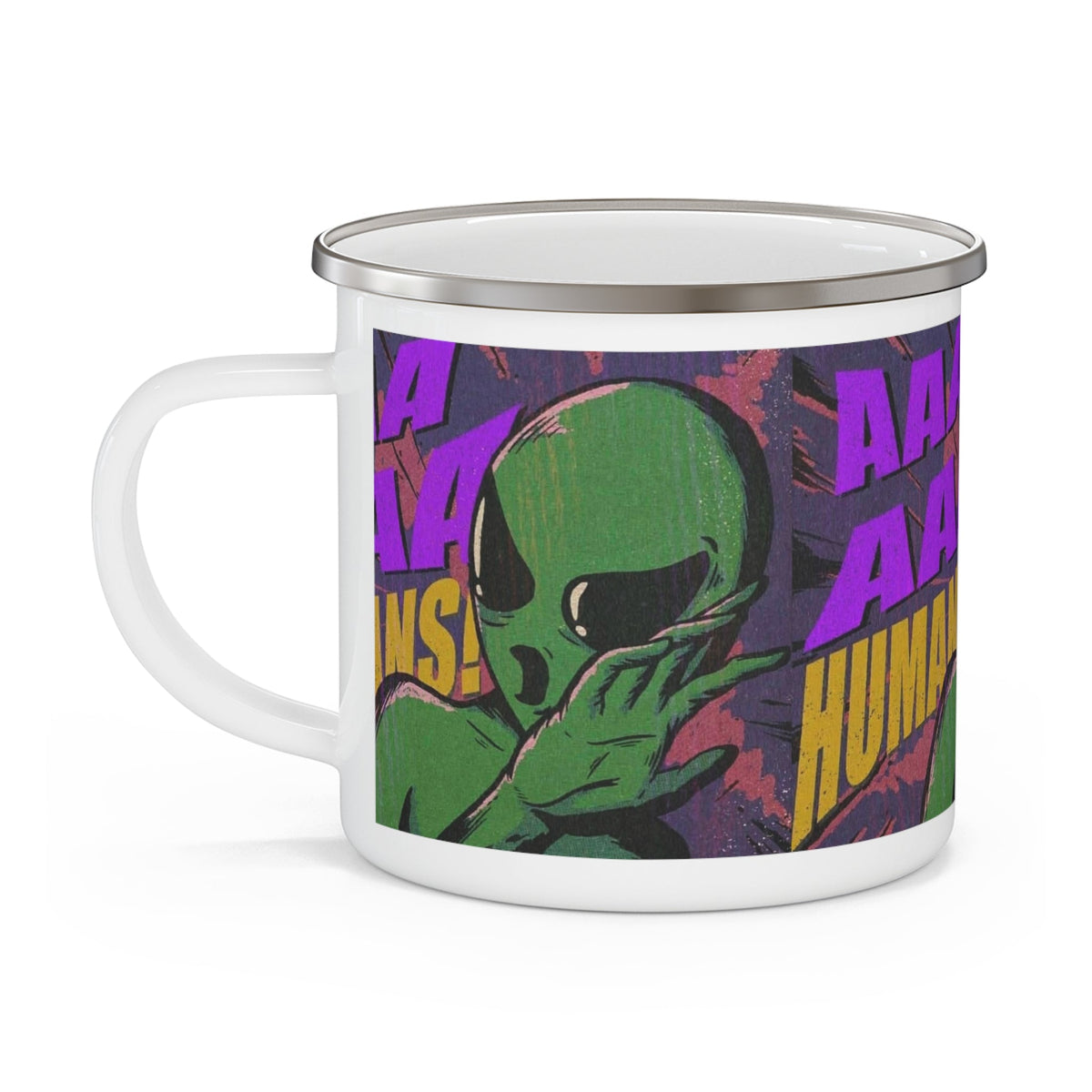 AAA Humans Mug - Funny Alien Comic Enamel Camping Mug, 12oz