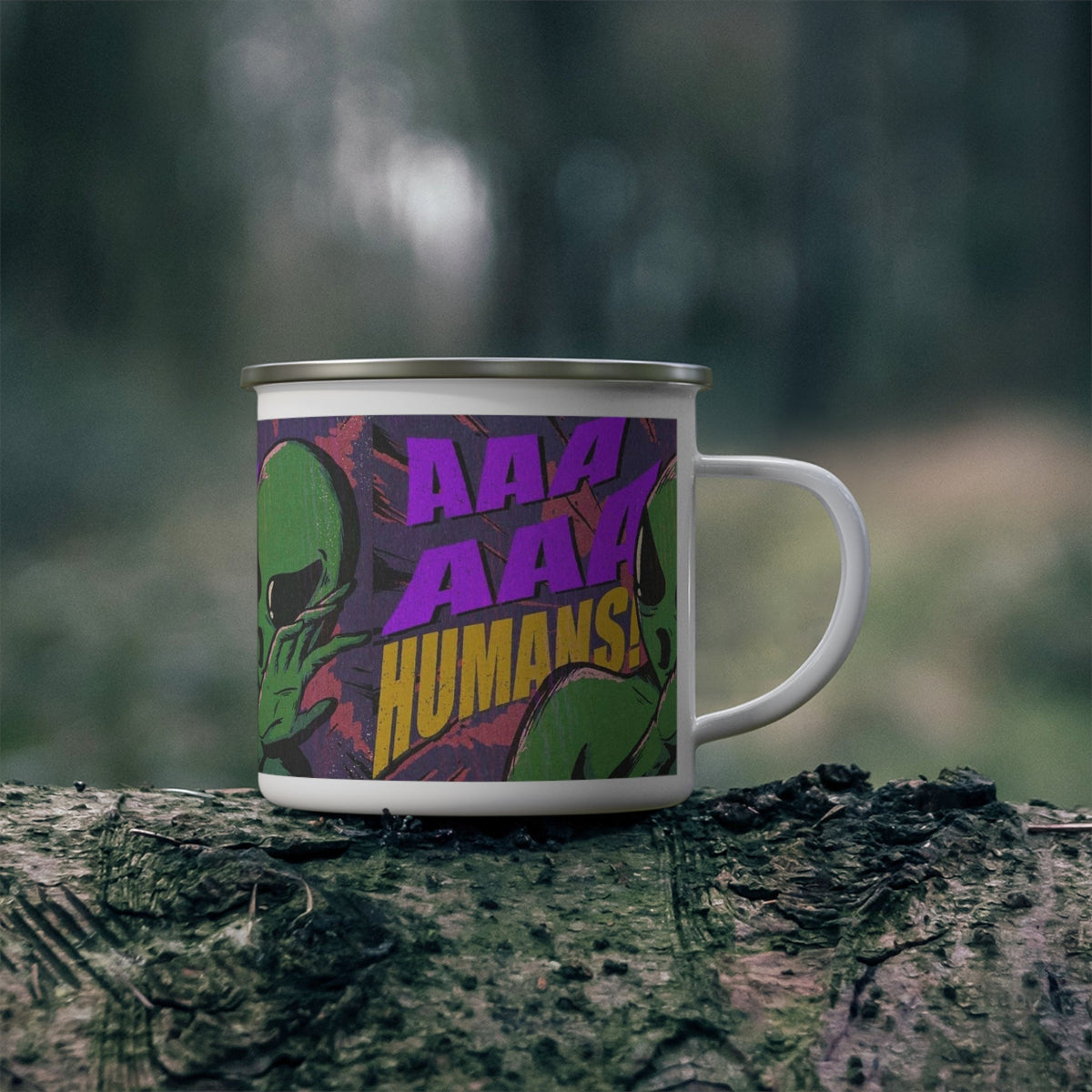 AAA Humans Mug - Funny Alien Comic Enamel Camping Mug, 12oz