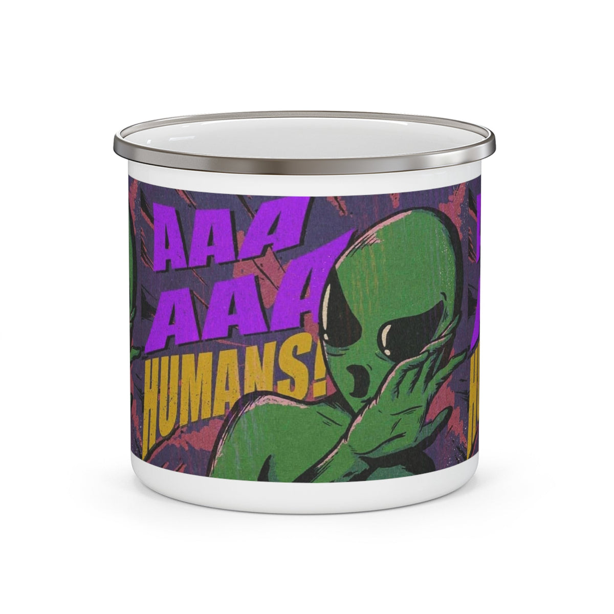 AAA Humans Mug - Funny Alien Comic Enamel Camping Mug, 12oz