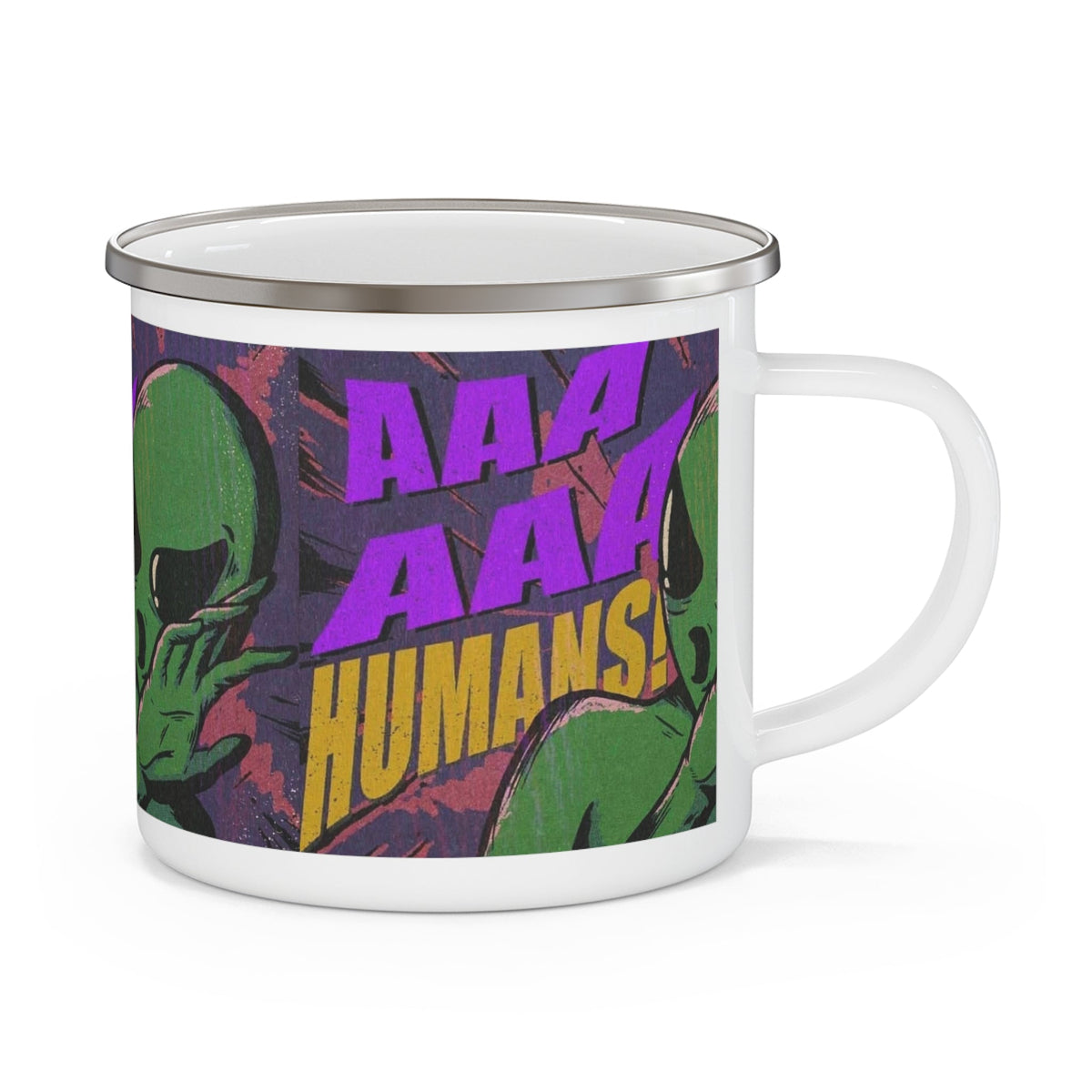 AAA Humans Mug - Funny Alien Comic Enamel Camping Mug, 12oz