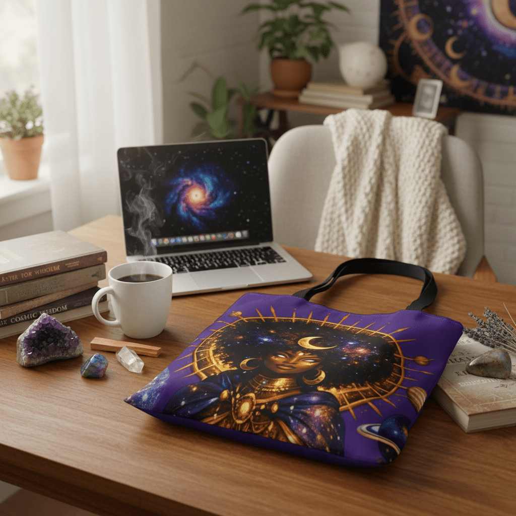 Solar Goddess Tote Bag Everyday Use Table Lifestyle