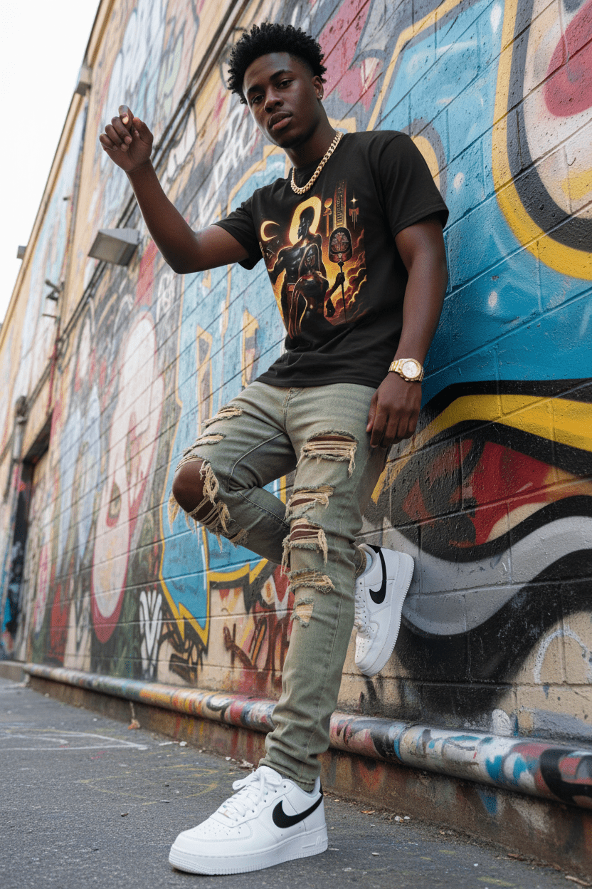 Ripped jeans AF1s graffiti
